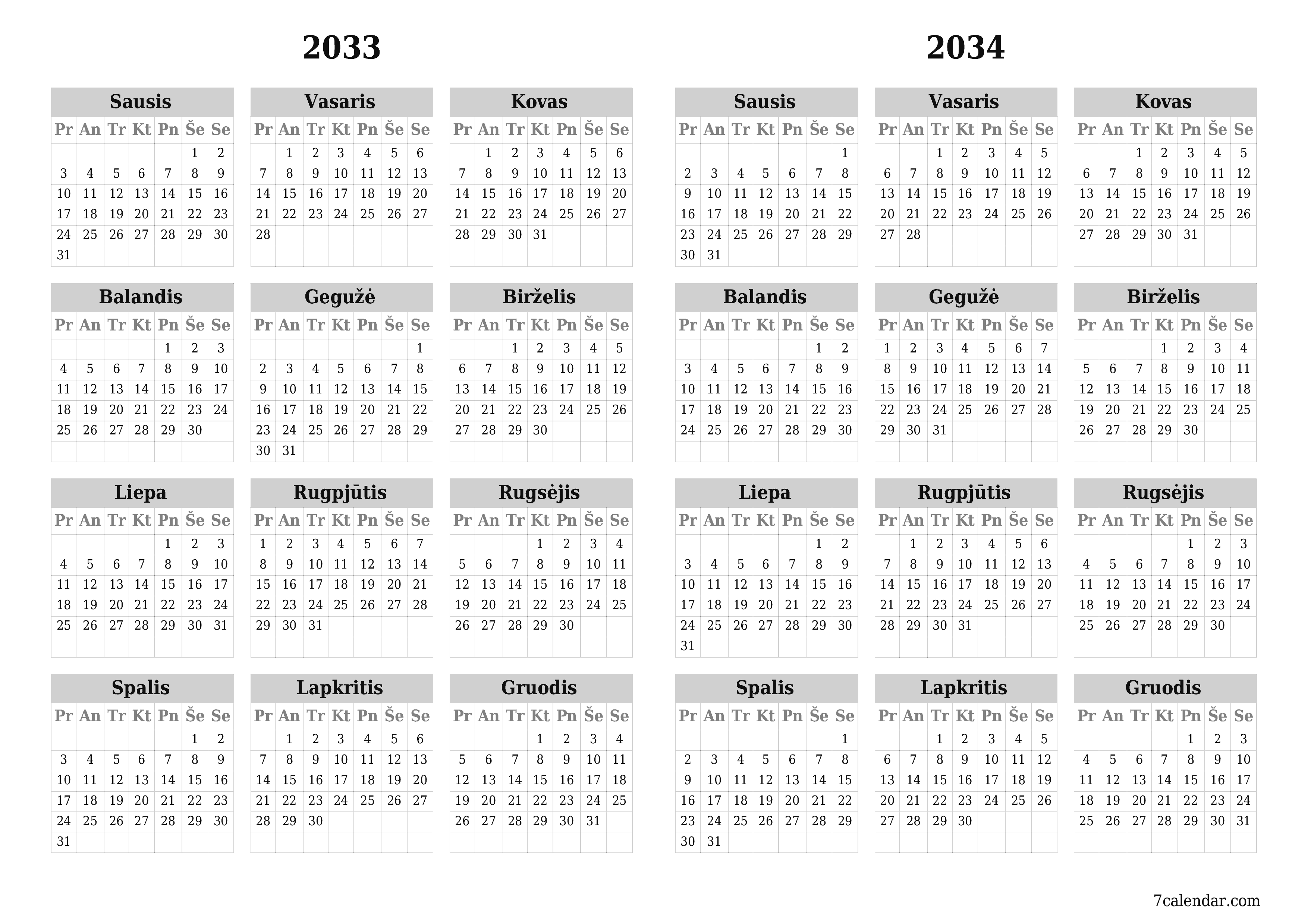 Tuščias metų planavimo kalendorius 2033, 2034 su užrašais, išsaugokite ir atsispausdinkite PDF formatu PNG Lithuanian