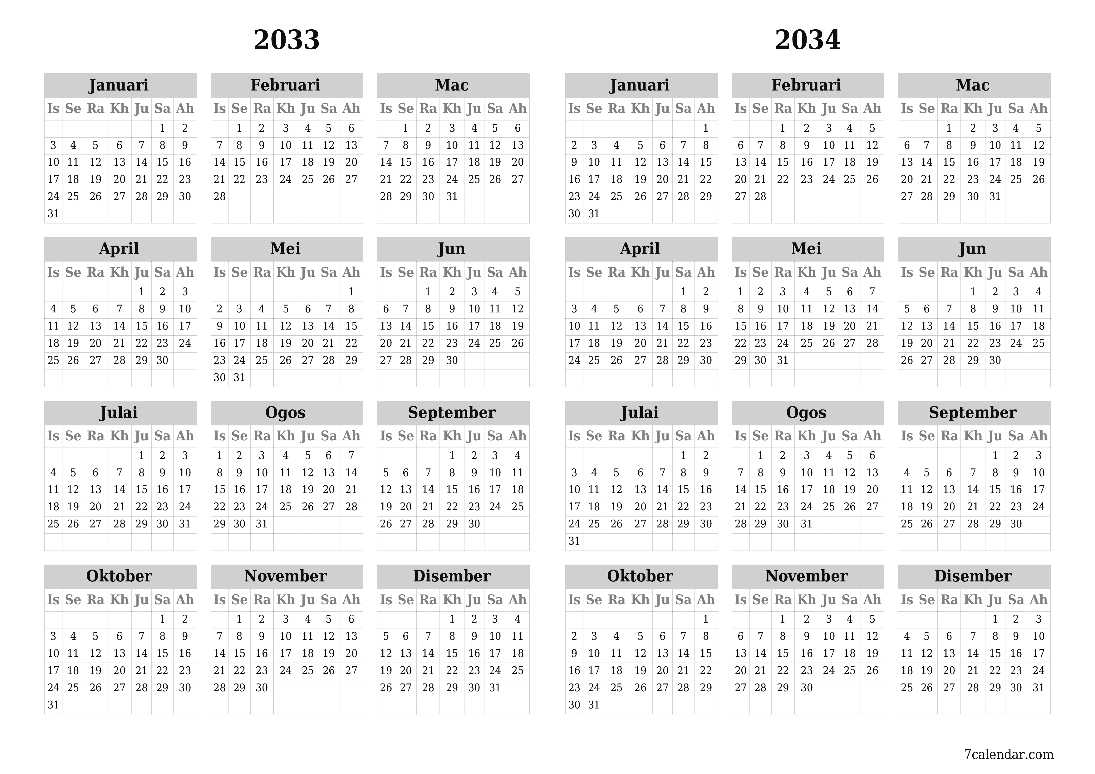 Kalendar perancang tahunan kosong untuk tahun ini 2033, 2034 dengan nota, simpan dan cetak ke PDF PNG Malay