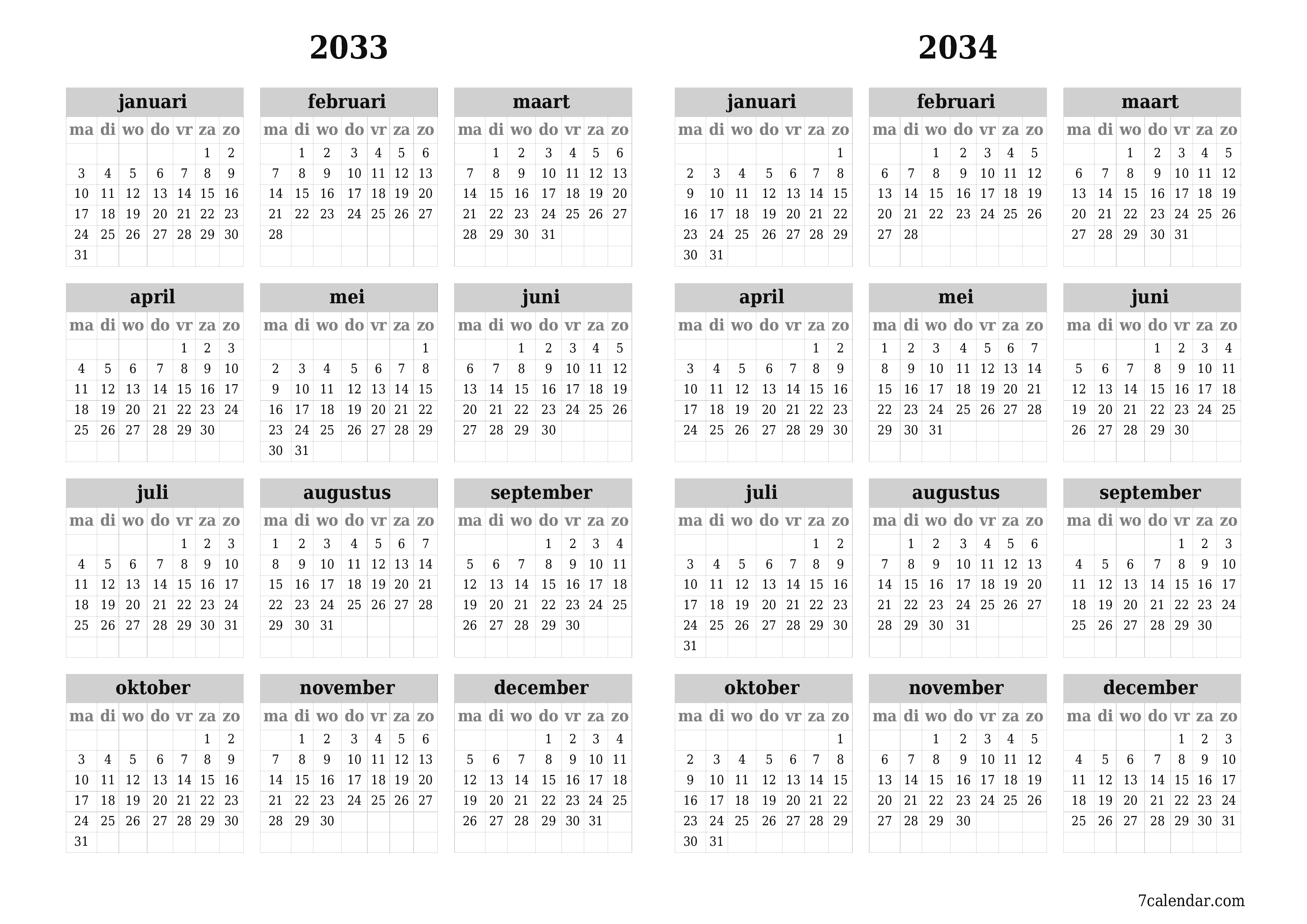 Lege jaarplanningskalender voor het jaar 2033, 2034 met notities, opslaan en afdrukken naar pdf PNG Dutch