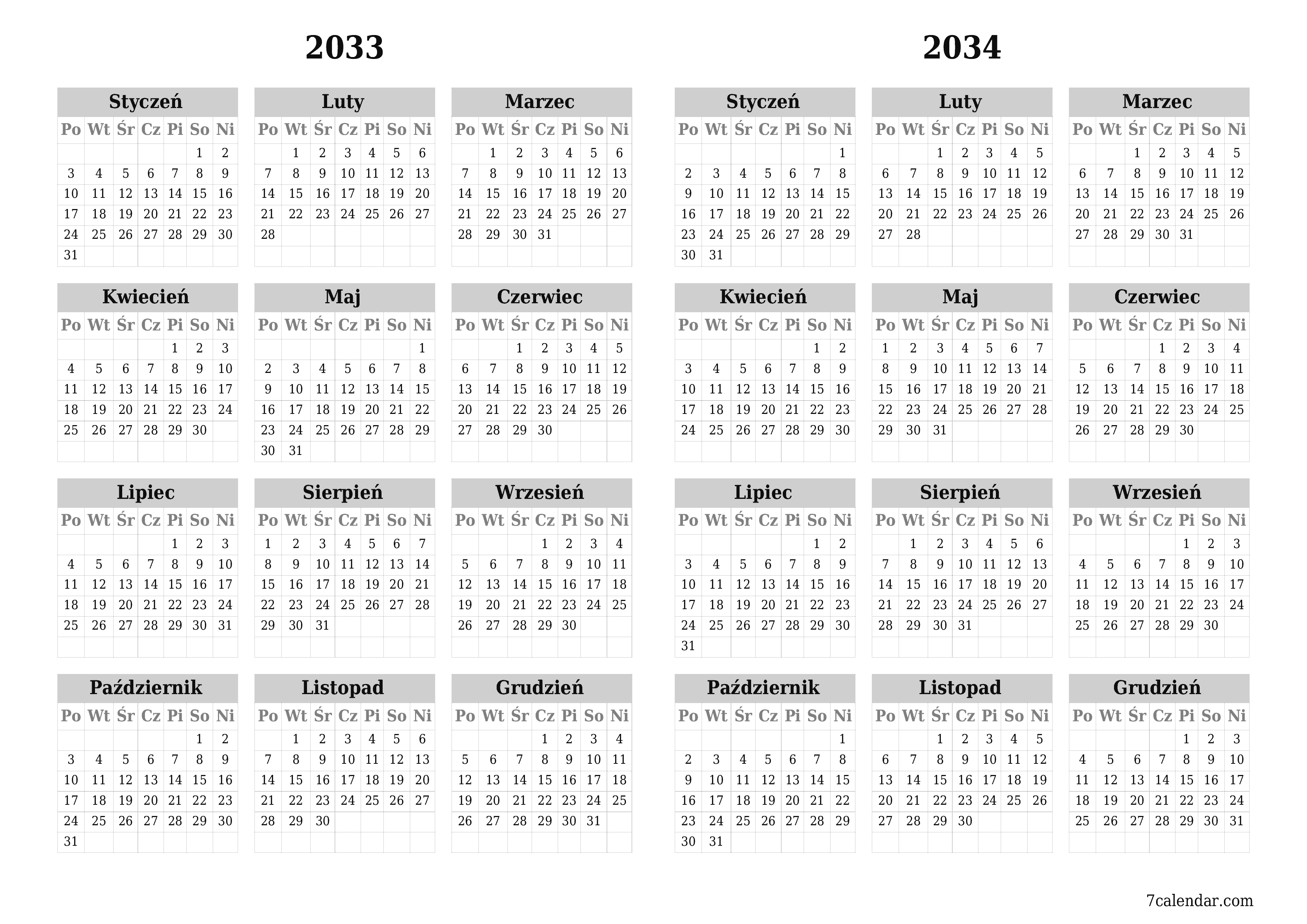 Opróżnij kalendarz rocznego planowania na rok 2033, 2034 z notatkami, zapisz i wydrukuj w formacie PDF PNG Polish