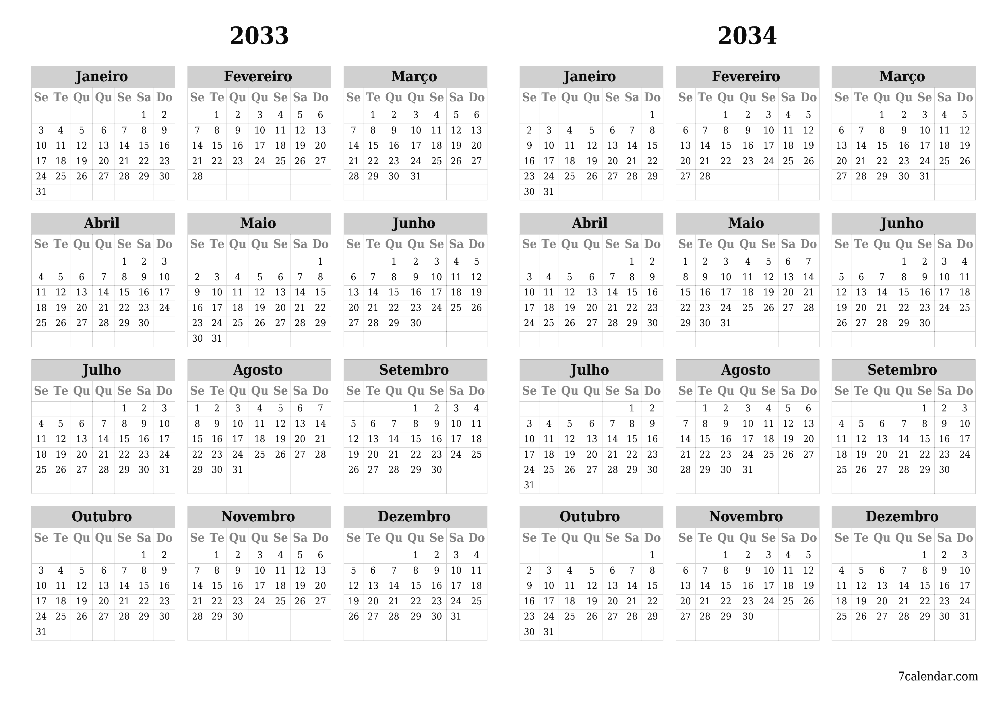 Calendário de planejador anual vazio para o ano 2033, 2034 com notas, salve e imprima em PDF PNG Portuguese