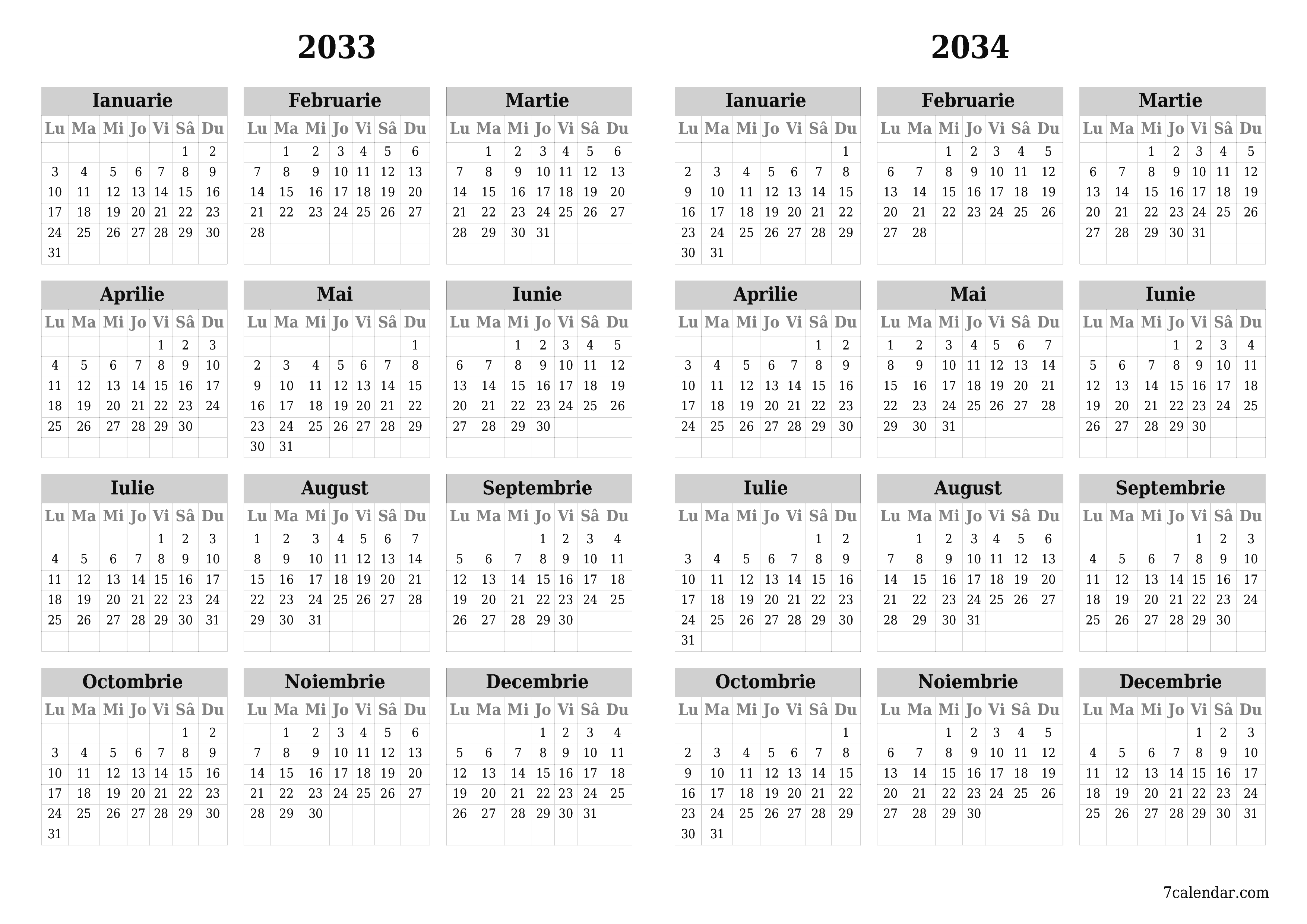 Goliți calendarul anual al planificatorului pentru anul 2033, 2034 cu note, salvați și tipăriți în PDF PNG Romanian