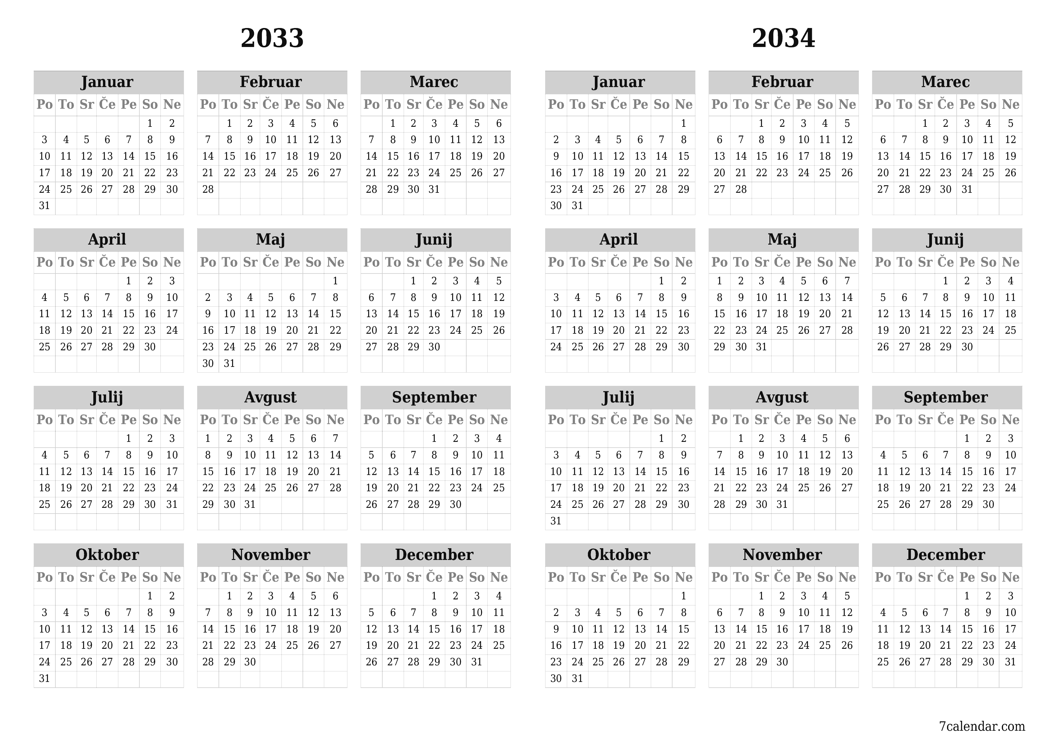 Prazen letni načrtovalec koledarja za leto 2033, 2034 z opombami za tiskanje v PDF-ju PNG Slovenian