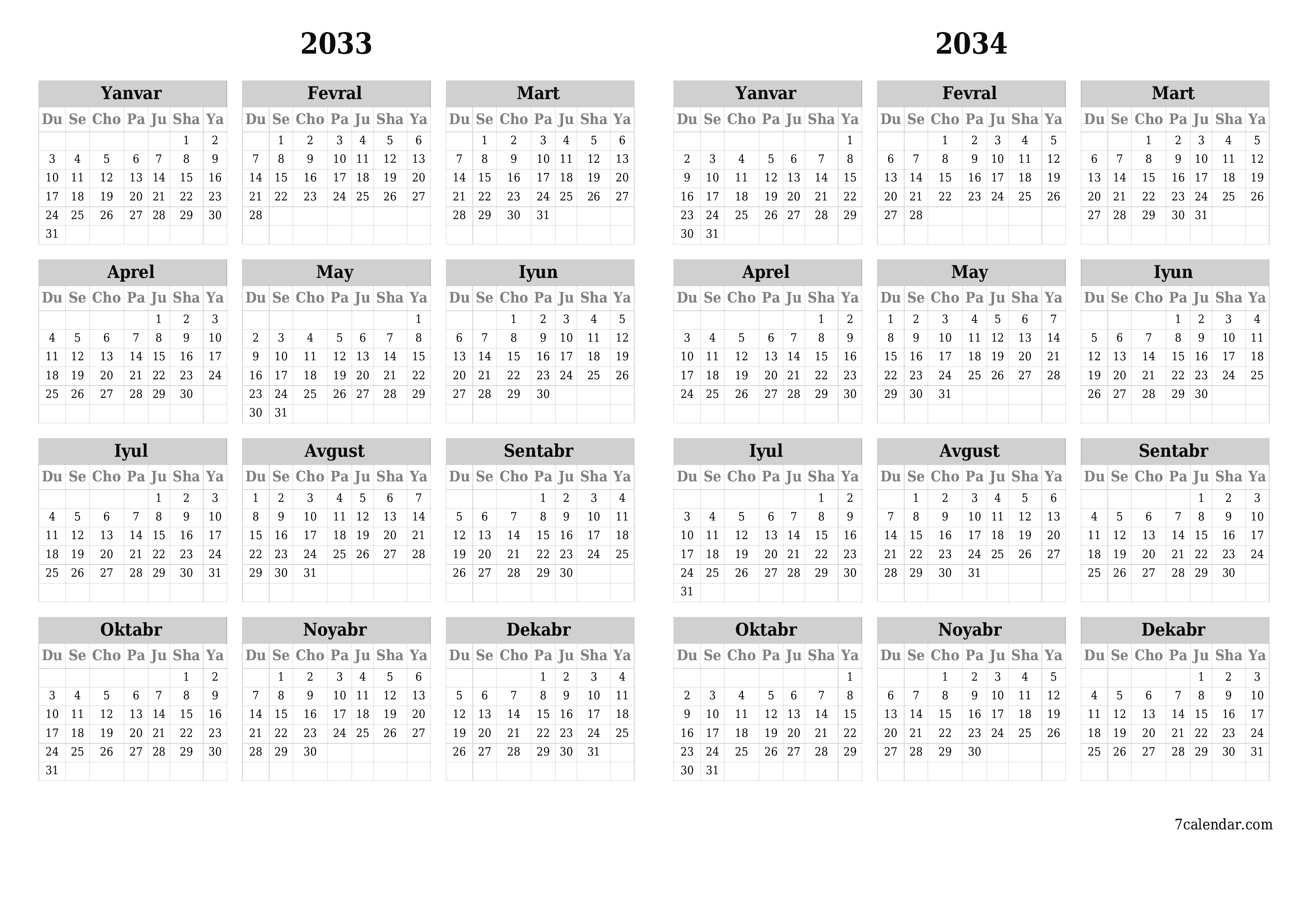 Bo'sh yillik rejalashtiruvchi taqvim 2033, 2034 yil, qaydlar bilan saqlang va PDF-ga chop eting PNG Uzbek