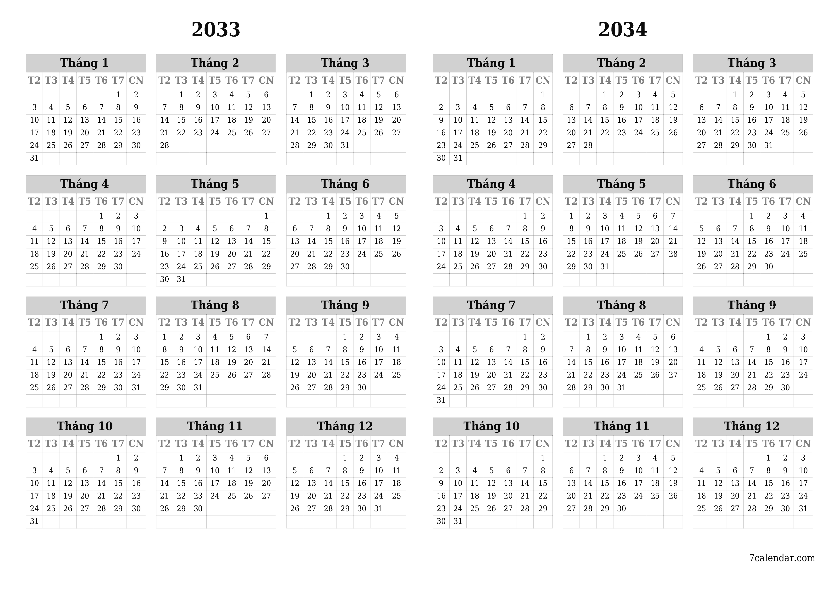Lịch kế hoạch hàng năm trống cho năm 2033, 2034 có ghi chú, lưu và in sang PDF PNG Vietnamese