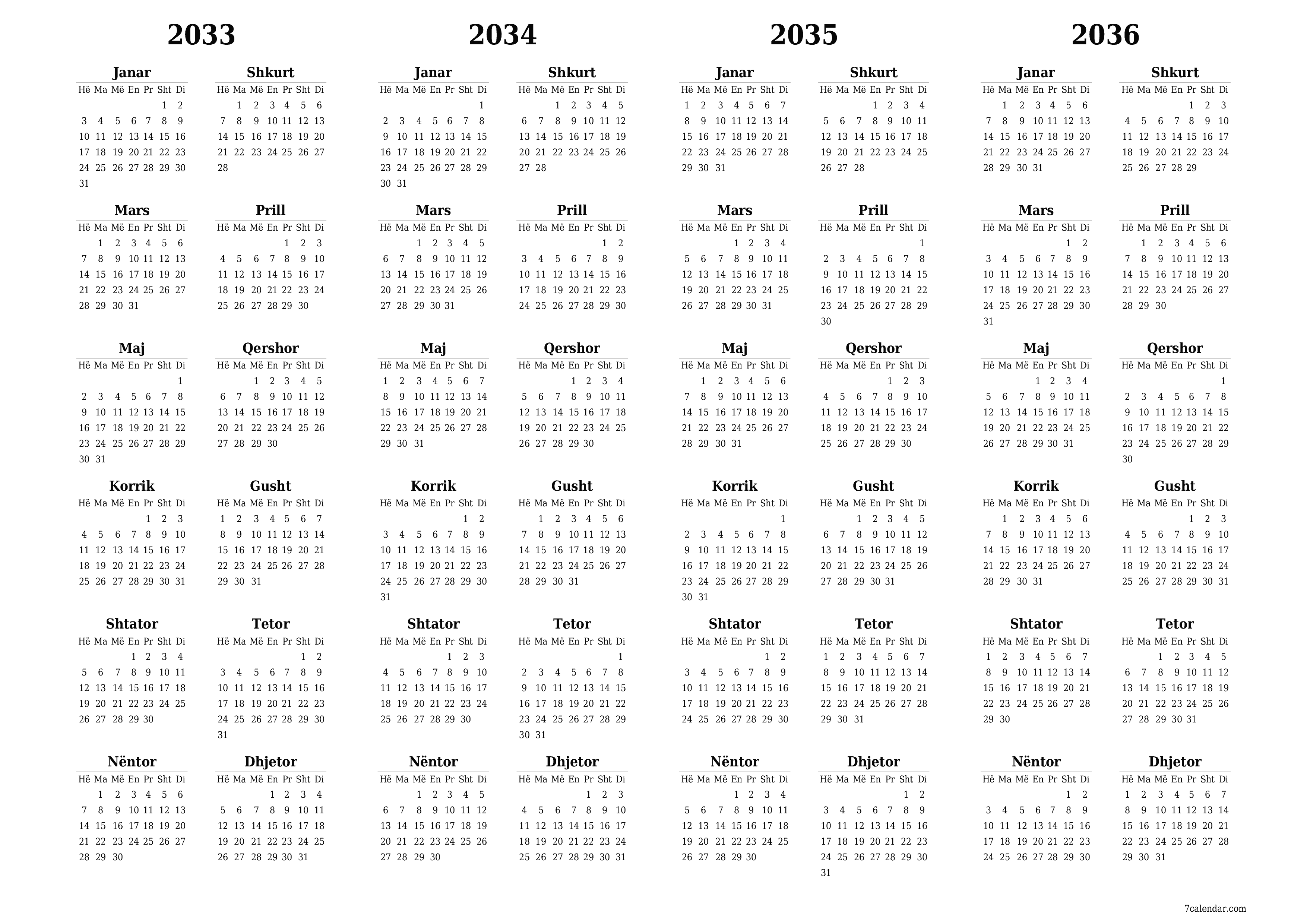 Planifikuesi bosh i kalendarit vjetor për vitin 2033, 2034, 2035, 2036 me shënime, ruani dhe printoni në PDF PNG Albanian