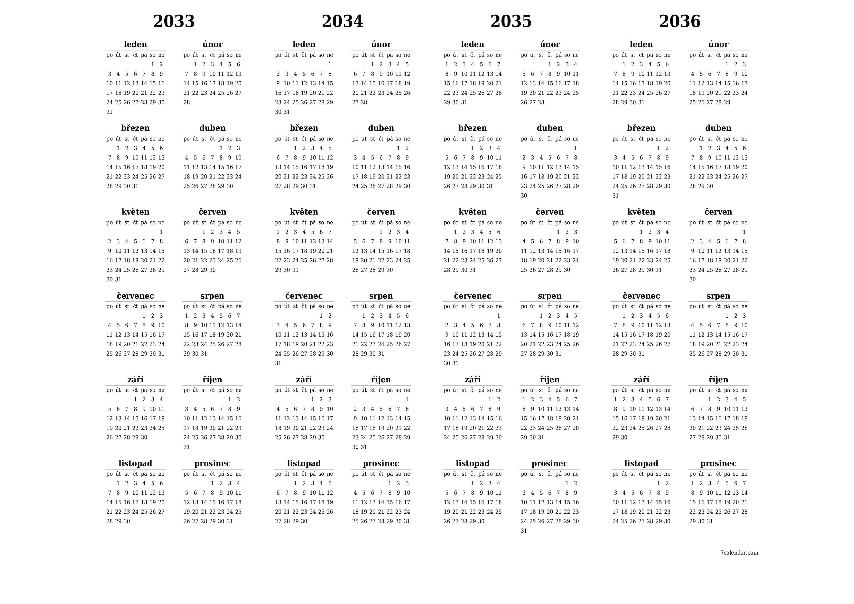 Prázdný roční kalendář plánovače pro rok 2033, 2034, 2035, 2036 s poznámkami, uložením a tiskem do PDF PNG Czech