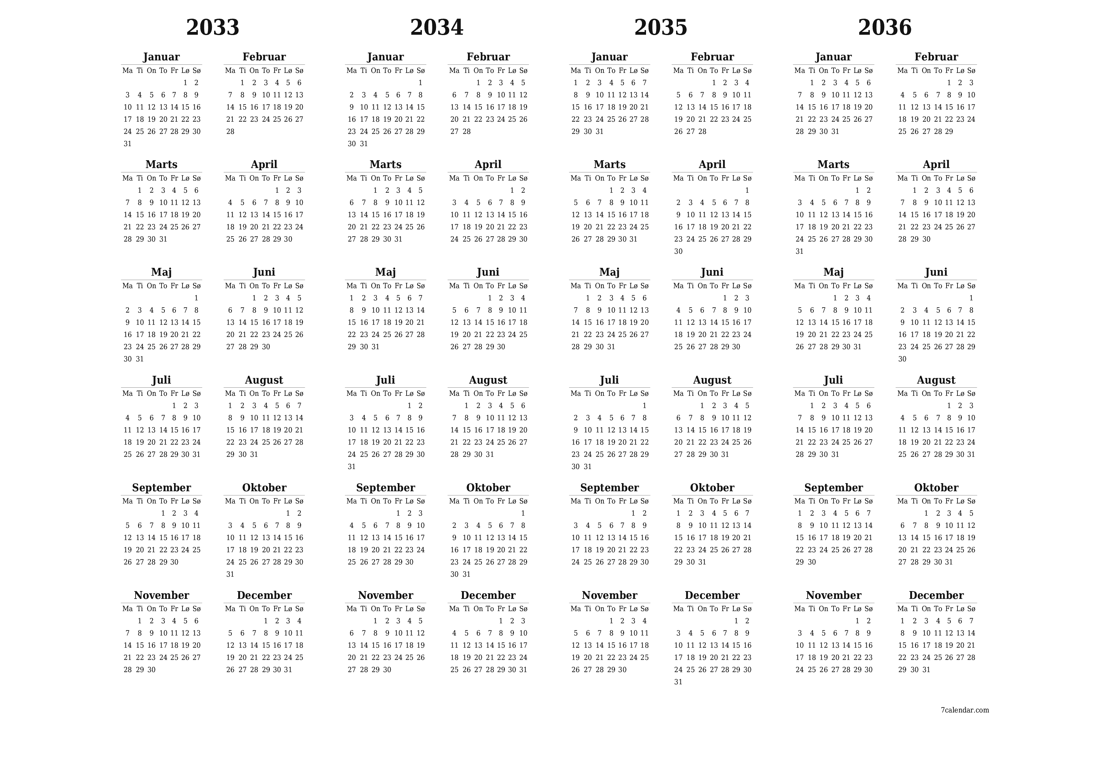 Tom årlig planlægningskalender for året 2033, 2034, 2035, 2036 med noter, gem og udskriv til PDF PNG Danish