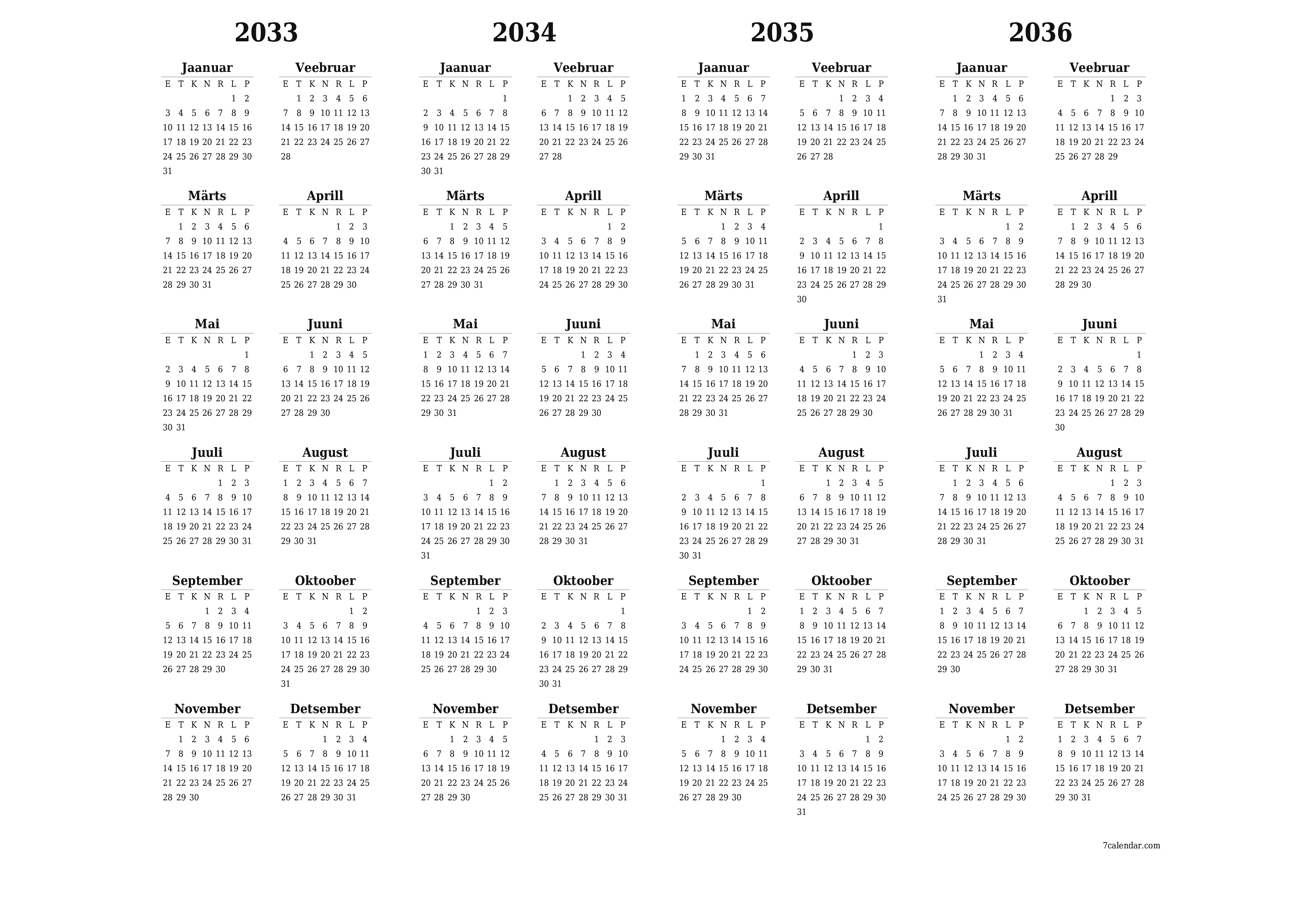 Tühi aasta planeerija kalender aastaks 2033, 2034, 2035, 2036 koos märkmetega, salvestage ja printige PDF-i PNG Estonian