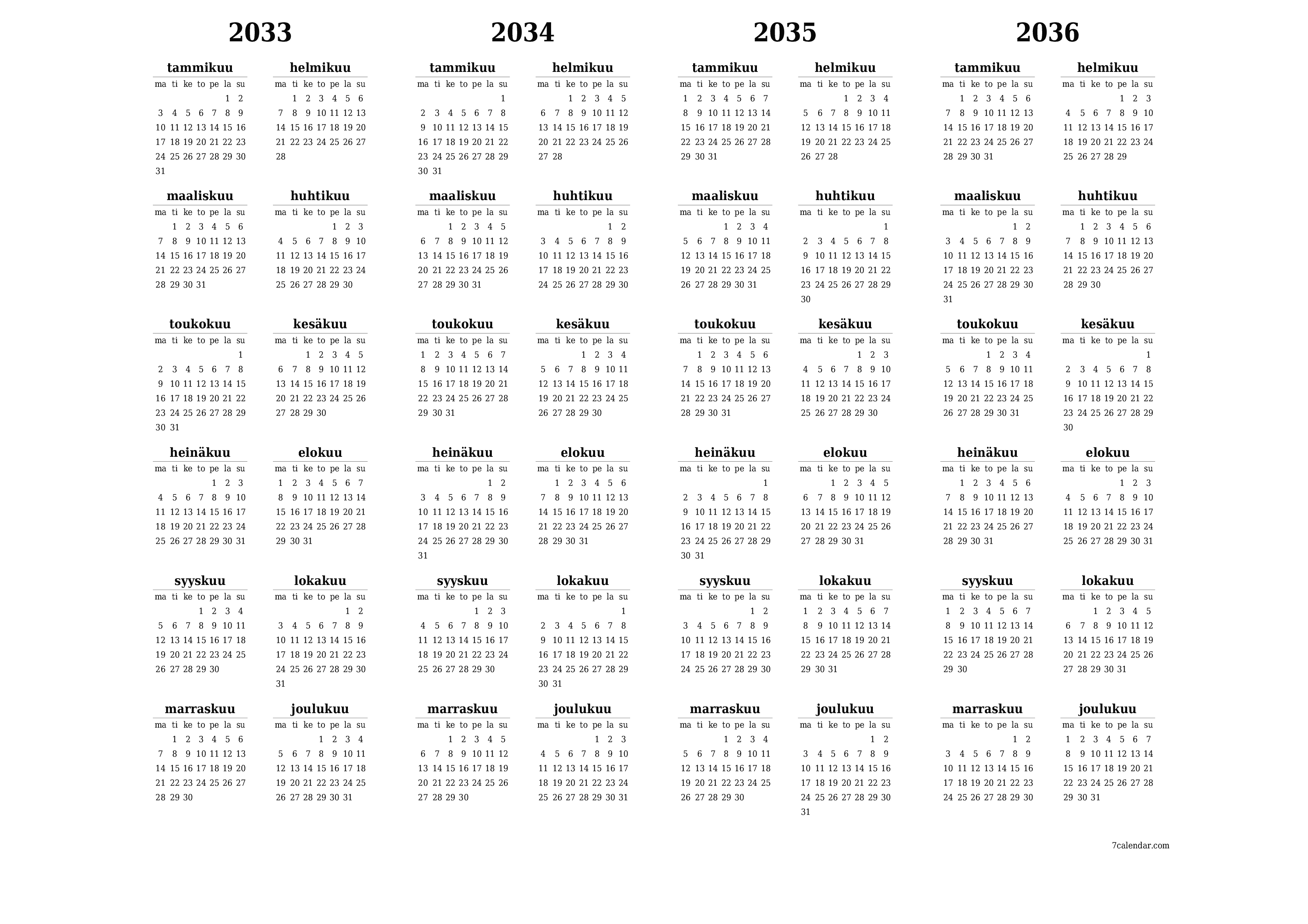 Tyhjä vuosisuunnittelukalenteri vuodelle 2033, 2034, 2035, 2036 muistiinpanoilla, tallenna ja tulosta PDF-muotoon PNG Finnish