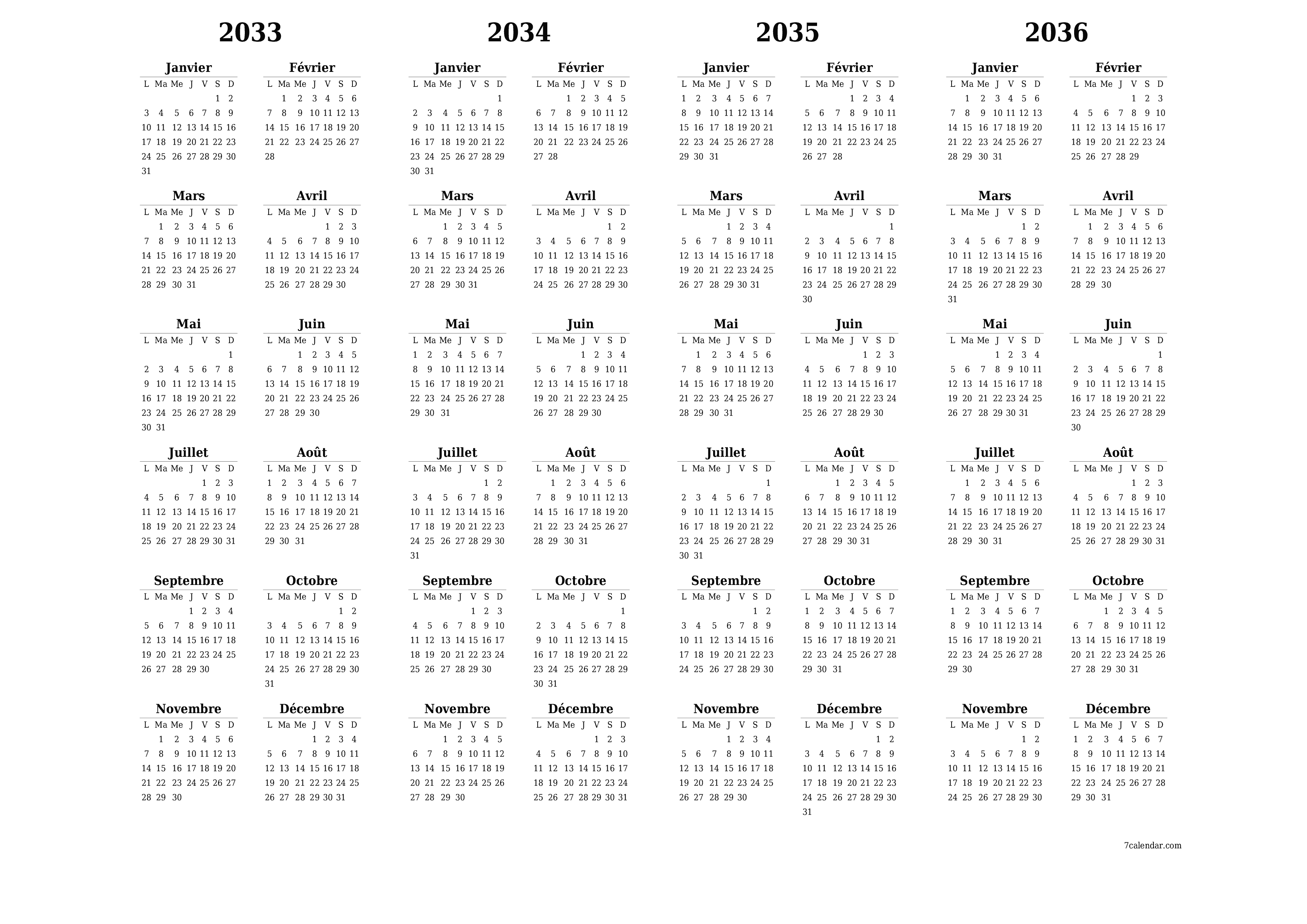 Calendrier annuel vide pour l'année 2033, 2034, 2035, 2036 avec notes, enregistrer et imprimer au format PDF PNG French