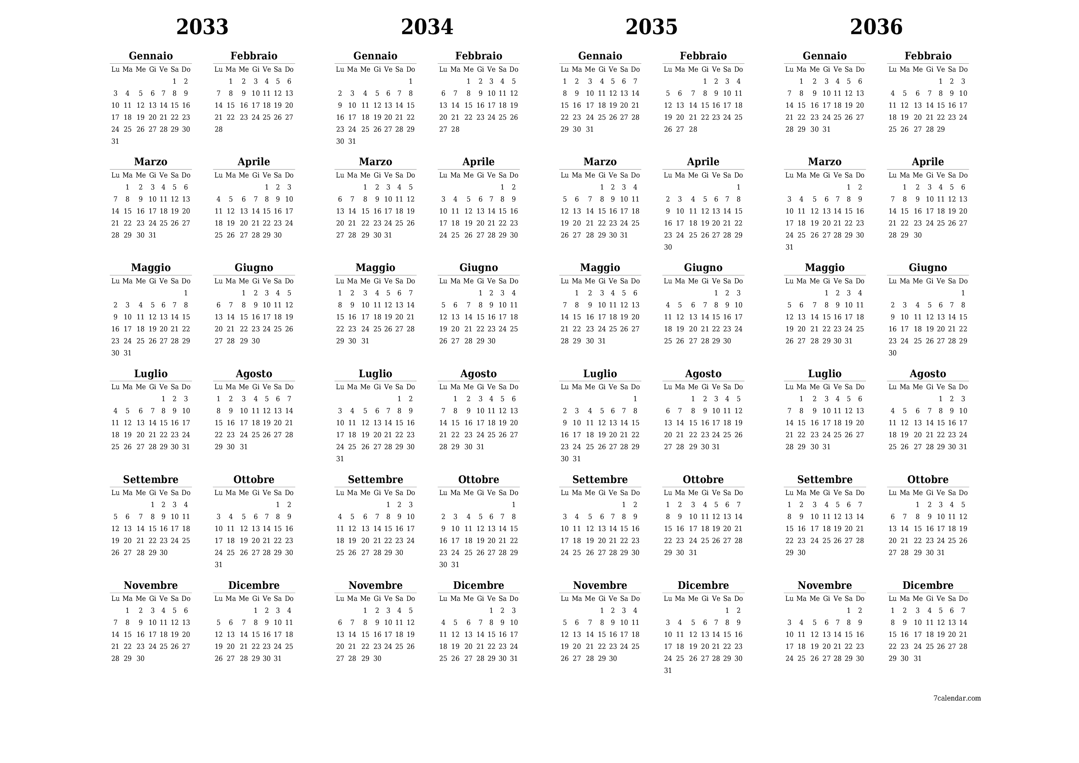 Calendario pianificatore annuale vuoto per l'anno 2033, 2034, 2035, 2036 con note, salva e stampa in PDF PNG Italian
