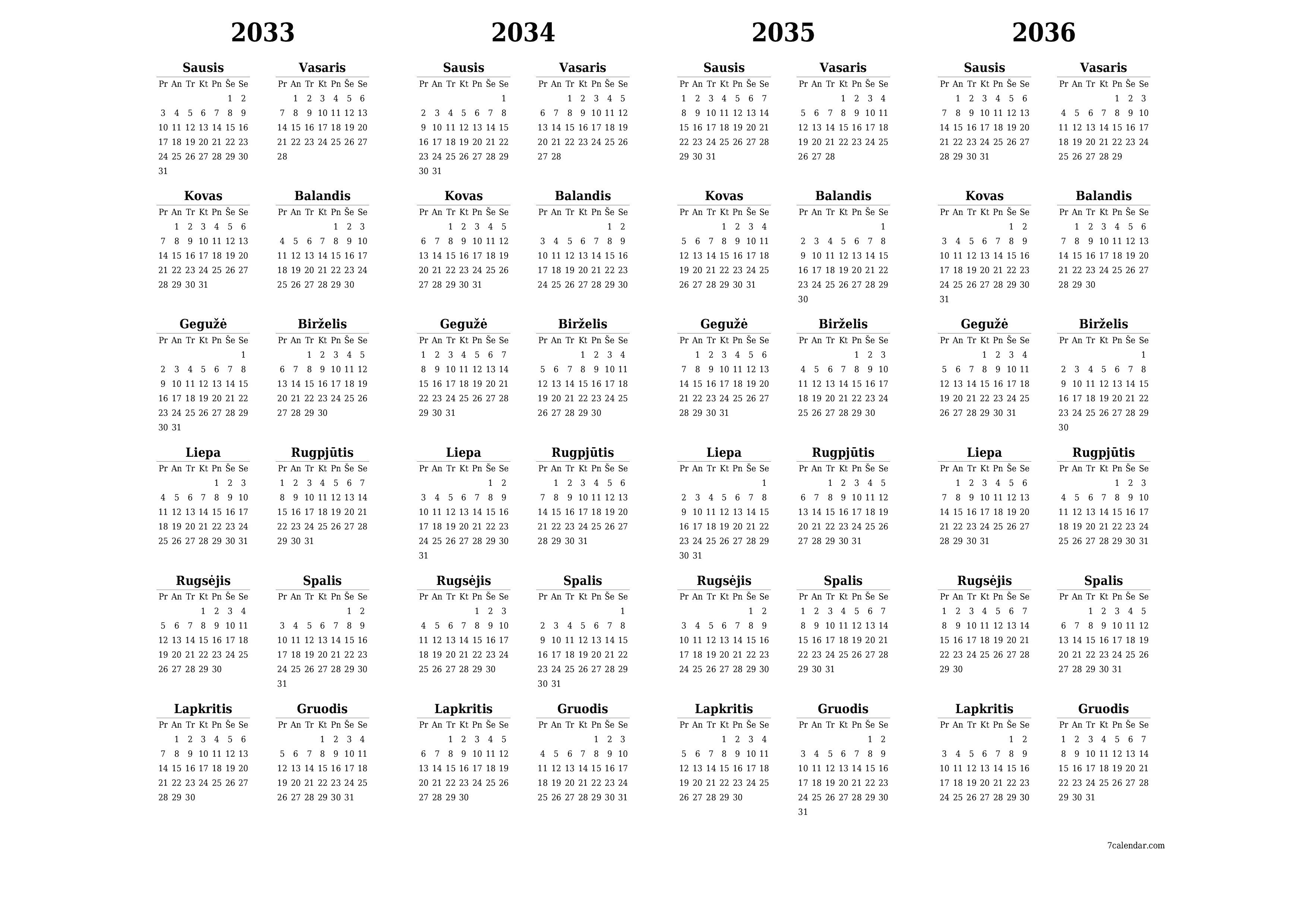 Tuščias metų planavimo kalendorius 2033, 2034, 2035, 2036 su užrašais, išsaugokite ir atsispausdinkite PDF formatu PNG Lithuanian