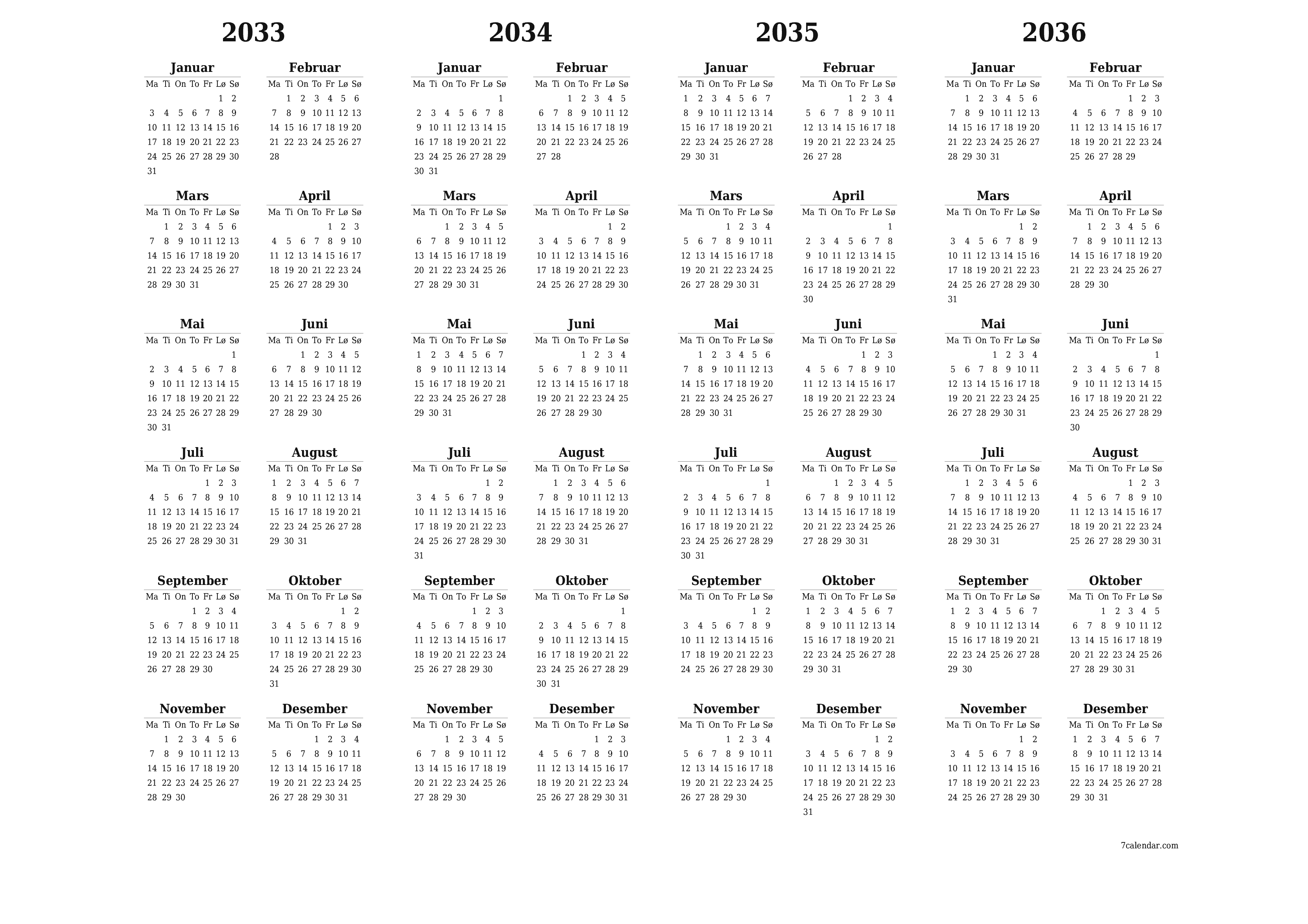 Tom årlig planleggerkalender for året 2033, 2034, 2035, 2036 med notater, lagre og skrive ut i PDF PNG Norwegian