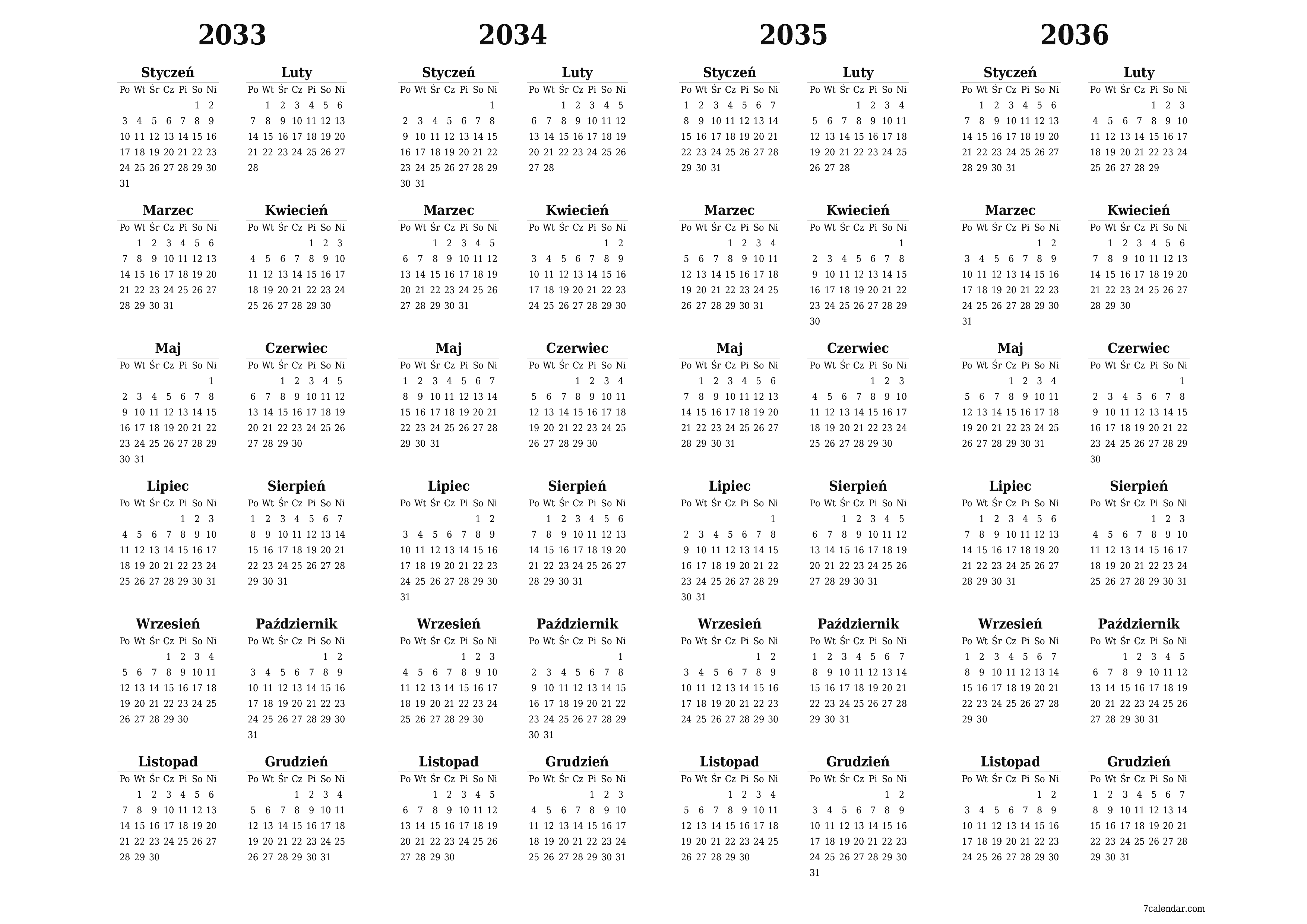 Opróżnij kalendarz rocznego planowania na rok 2033, 2034, 2035, 2036 z notatkami, zapisz i wydrukuj w formacie PDF PNG Polish