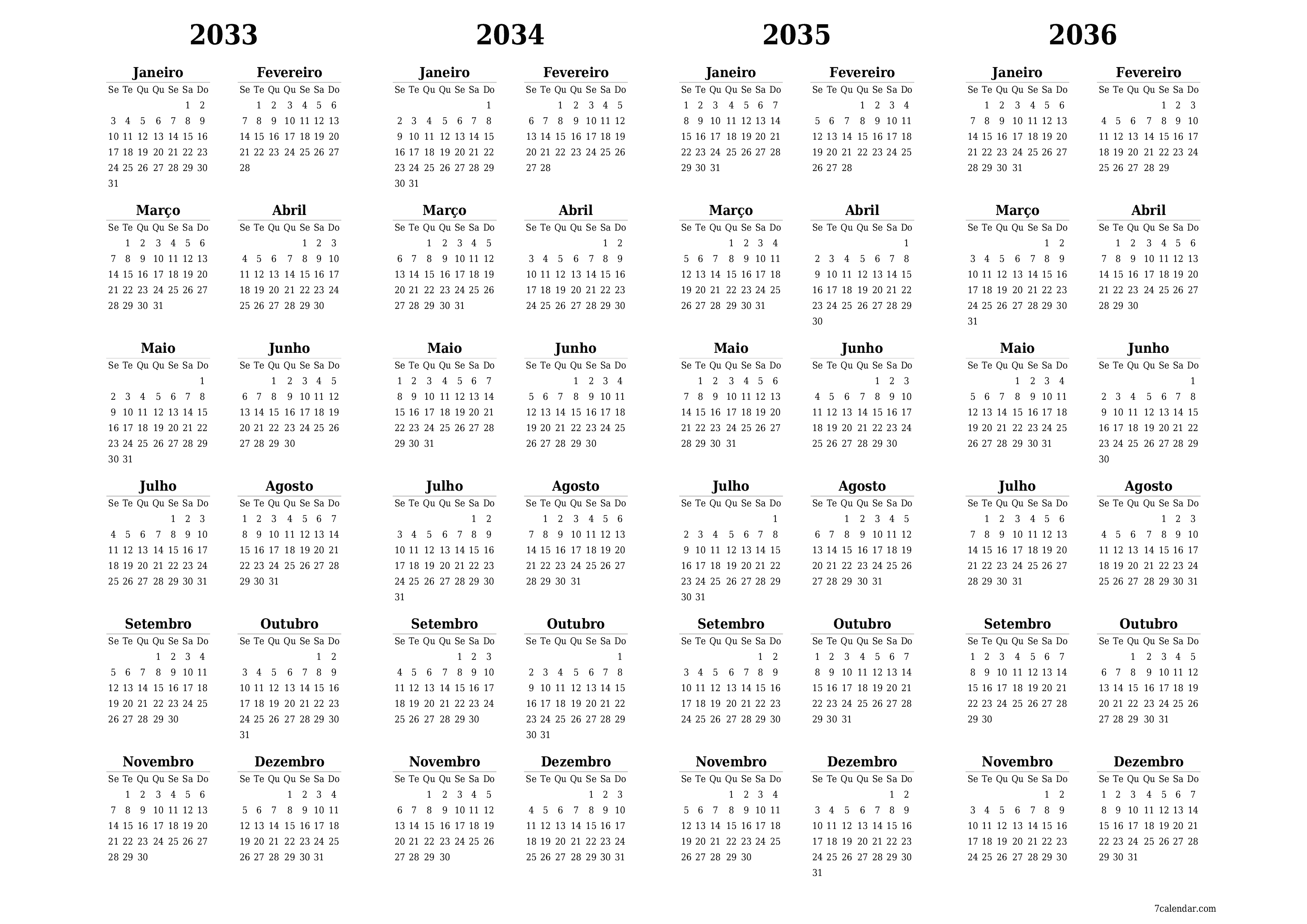 Calendário de planejador anual vazio para o ano 2033, 2034, 2035, 2036 com notas, salve e imprima em PDF PNG Portuguese