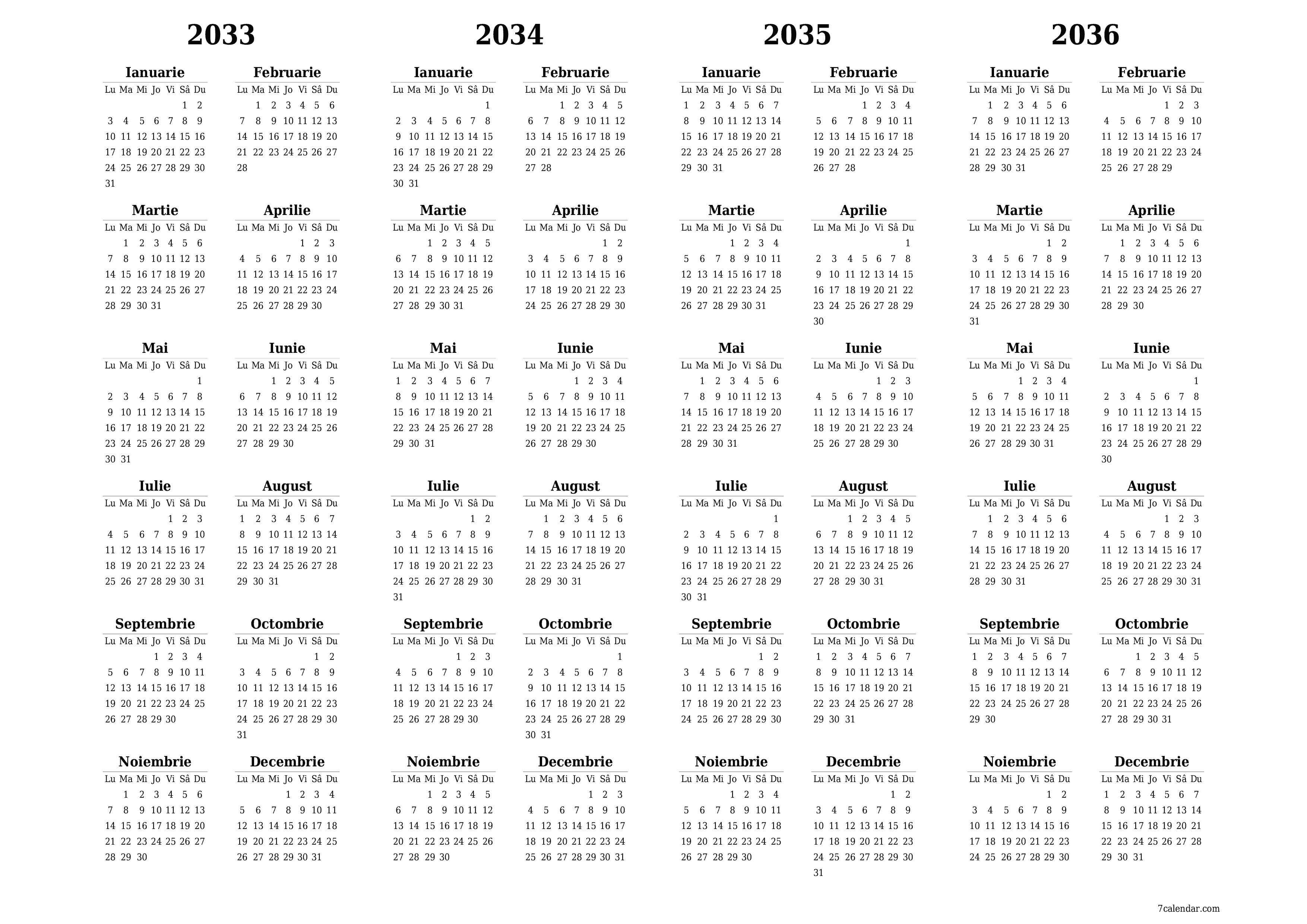 Goliți calendarul anual al planificatorului pentru anul 2033, 2034, 2035, 2036 cu note, salvați și tipăriți în PDF PNG Romanian