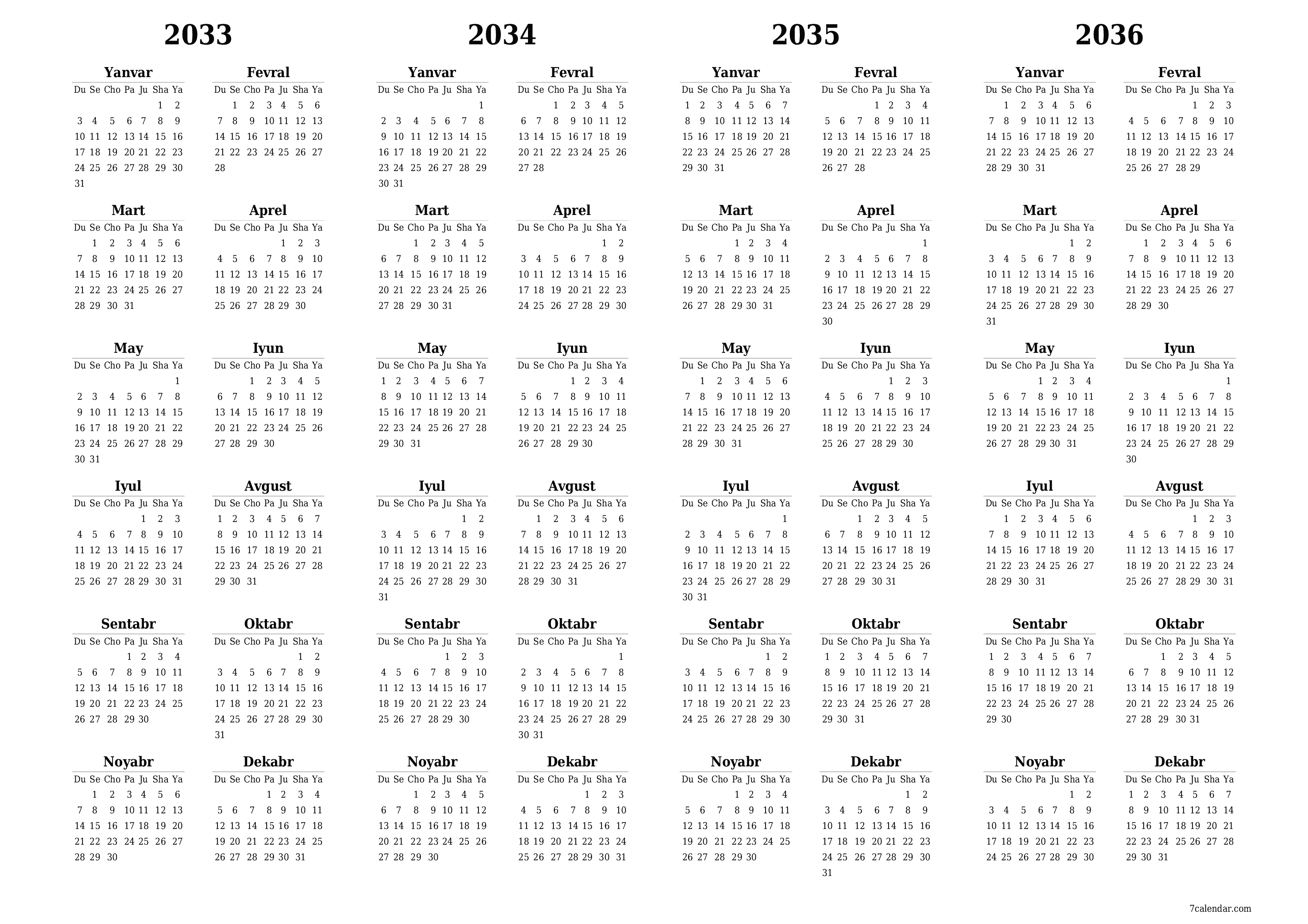 Bo'sh yillik rejalashtiruvchi taqvim 2033, 2034, 2035, 2036 yil, qaydlar bilan saqlang va PDF-ga chop eting PNG Uzbek