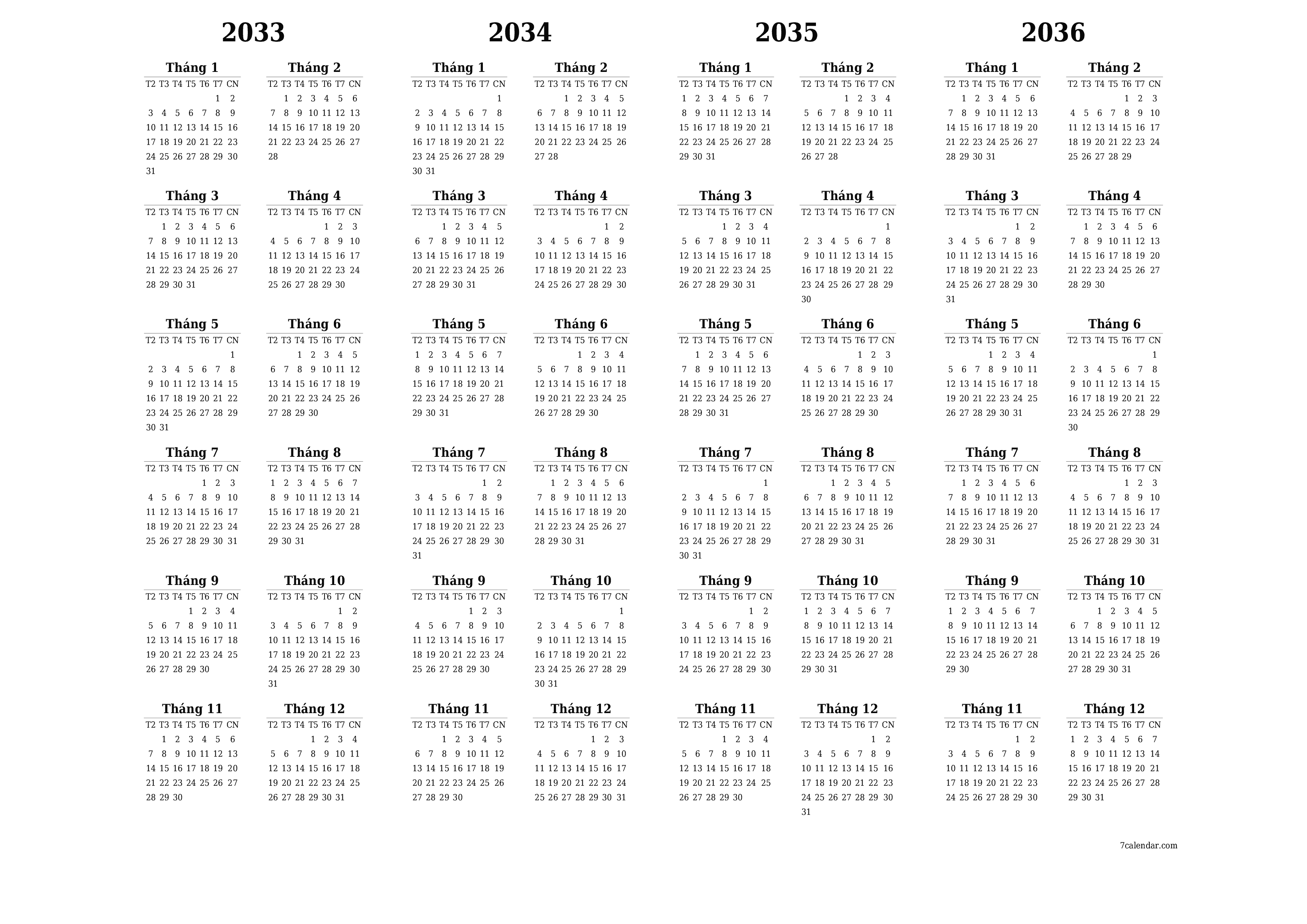 Lịch kế hoạch hàng năm trống cho năm 2033, 2034, 2035, 2036 có ghi chú, lưu và in sang PDF PNG Vietnamese