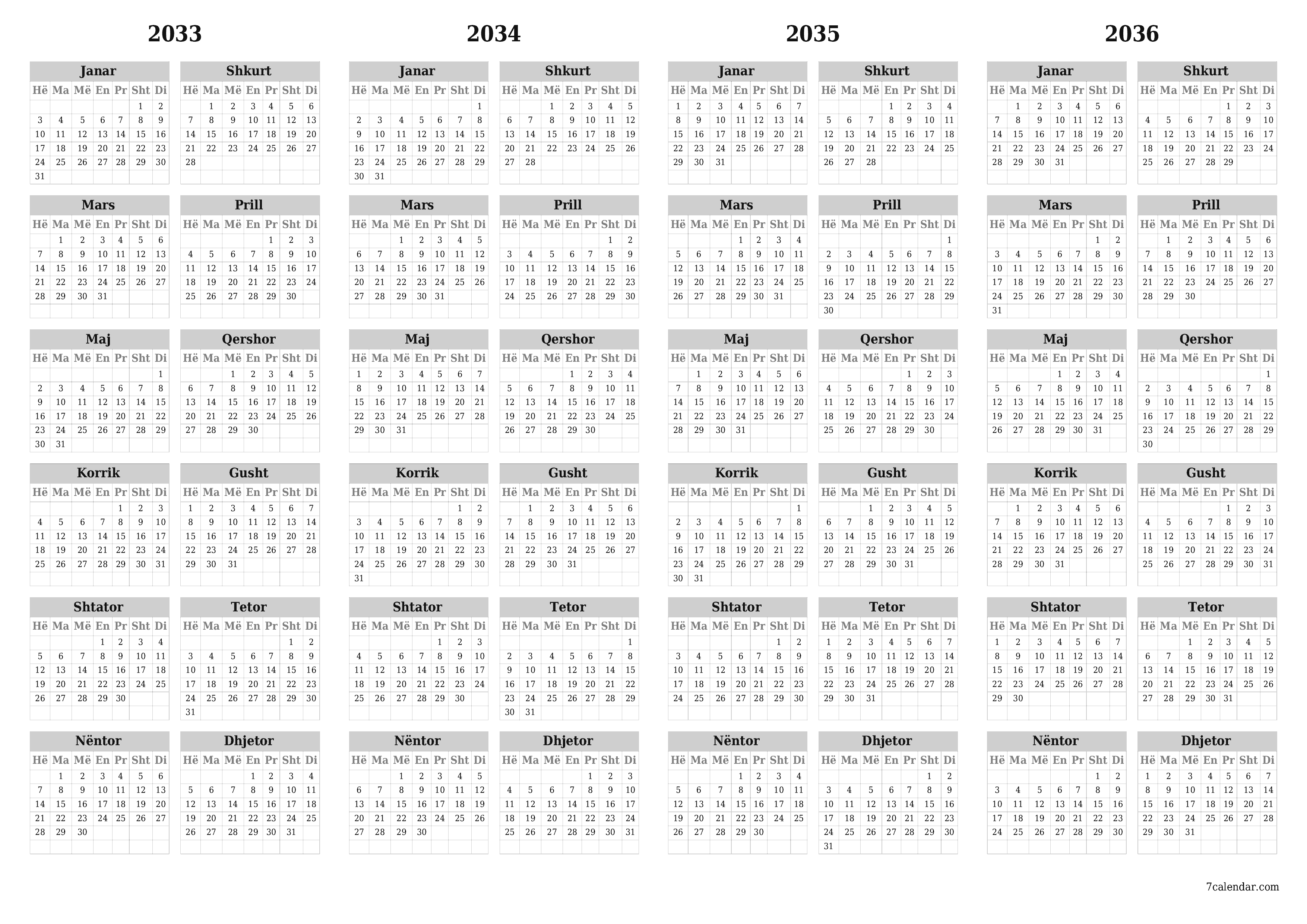Planifikuesi bosh i kalendarit vjetor për vitin 2033, 2034, 2035, 2036 me shënime, ruani dhe printoni në PDF PNG Albanian