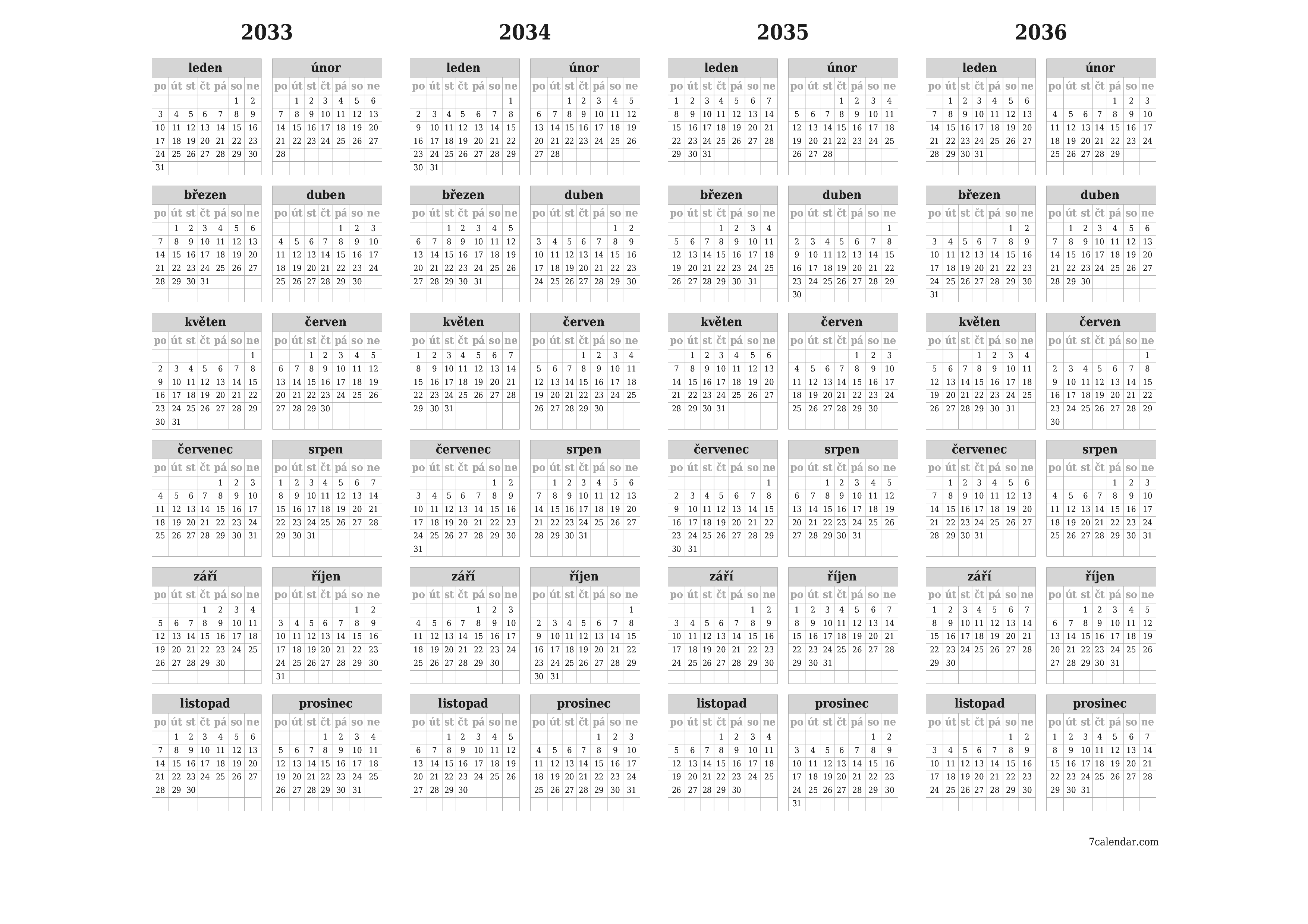 Prázdný roční kalendář plánovače pro rok 2033, 2034, 2035, 2036 s poznámkami, uložením a tiskem do PDF PNG Czech