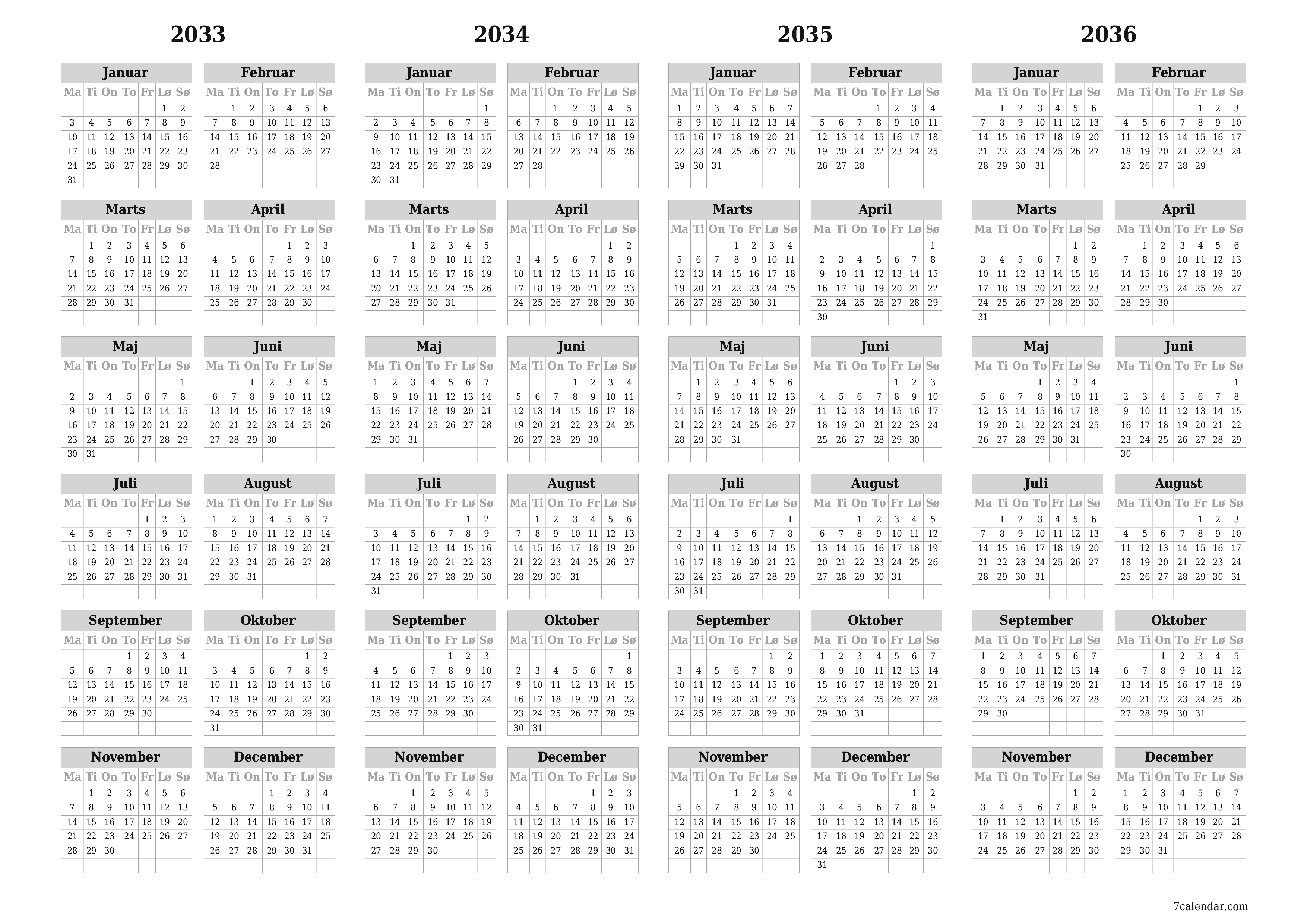 Tom årlig planlægningskalender for året 2033, 2034, 2035, 2036 med noter, gem og udskriv til PDF PNG Danish