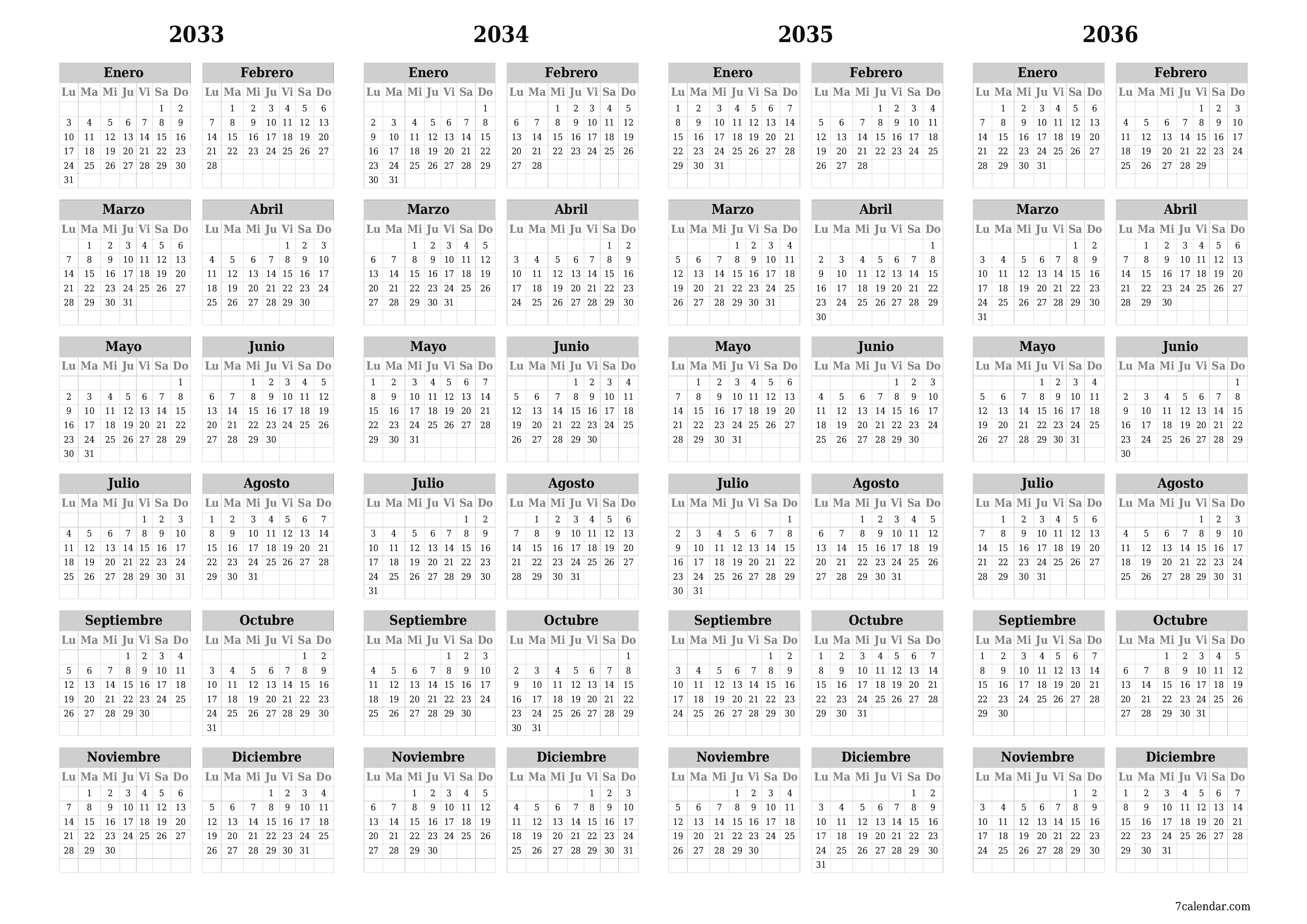 Calendario planificador anual vacío para el año 2033, 2034, 2035, 2036 con notas, guardar e imprimir en PDF PNG Spanish