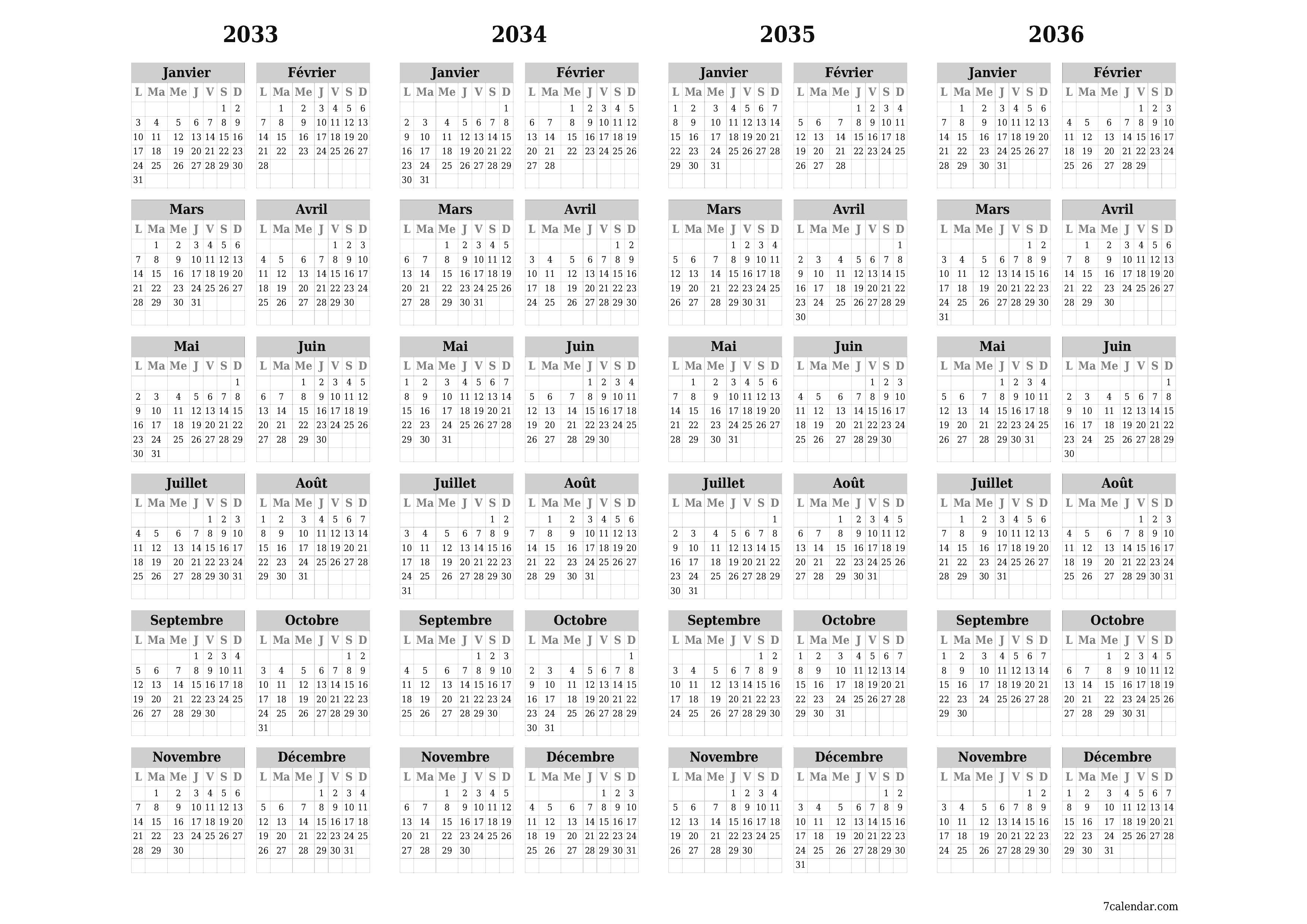 Calendrier annuel vide pour l'année 2033, 2034, 2035, 2036 avec notes, enregistrer et imprimer au format PDF PNG French