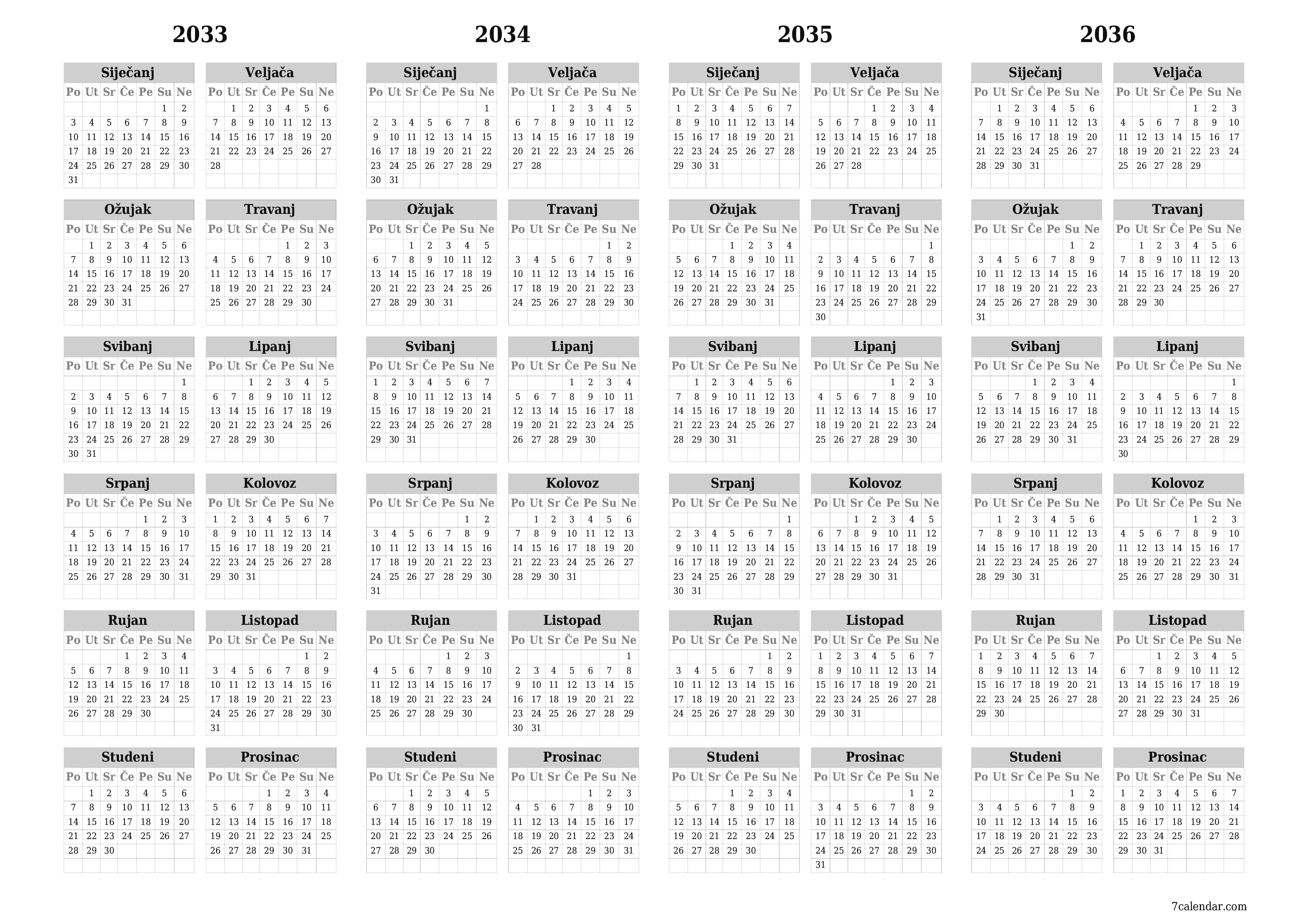 Ispraznite godišnji kalendar planera za godinu 2033, 2034, 2035, 2036 s bilješkama, spremite i ispišite u PDF PNG Croatian