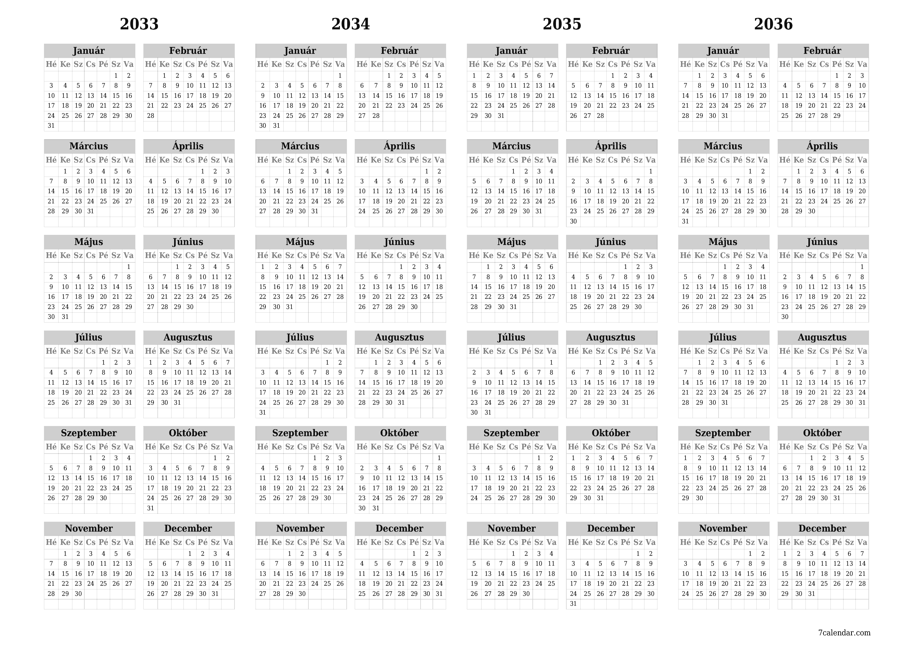 Üres éves tervezői naptár az évre 2033, 2034, 2035, 2036 jegyzetekkel, mentés és nyomtatás PDF-be PNG Hungarian