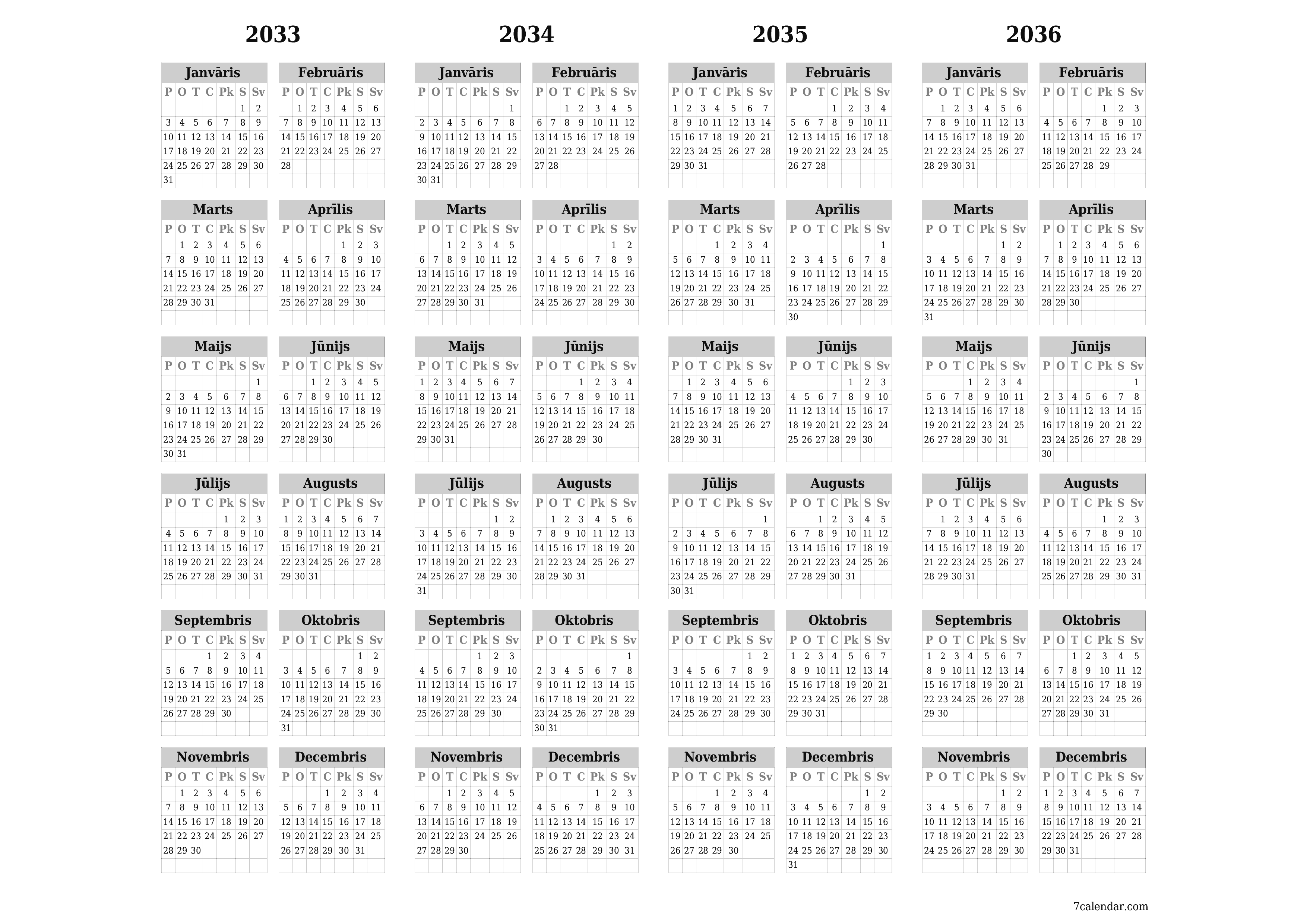 Tukšs gada plānotāja kalendārs gadam 2033, 2034, 2035, 2036 ar piezīmēm, saglabāšana un izdrukāšana PDF formātā PNG Latvian