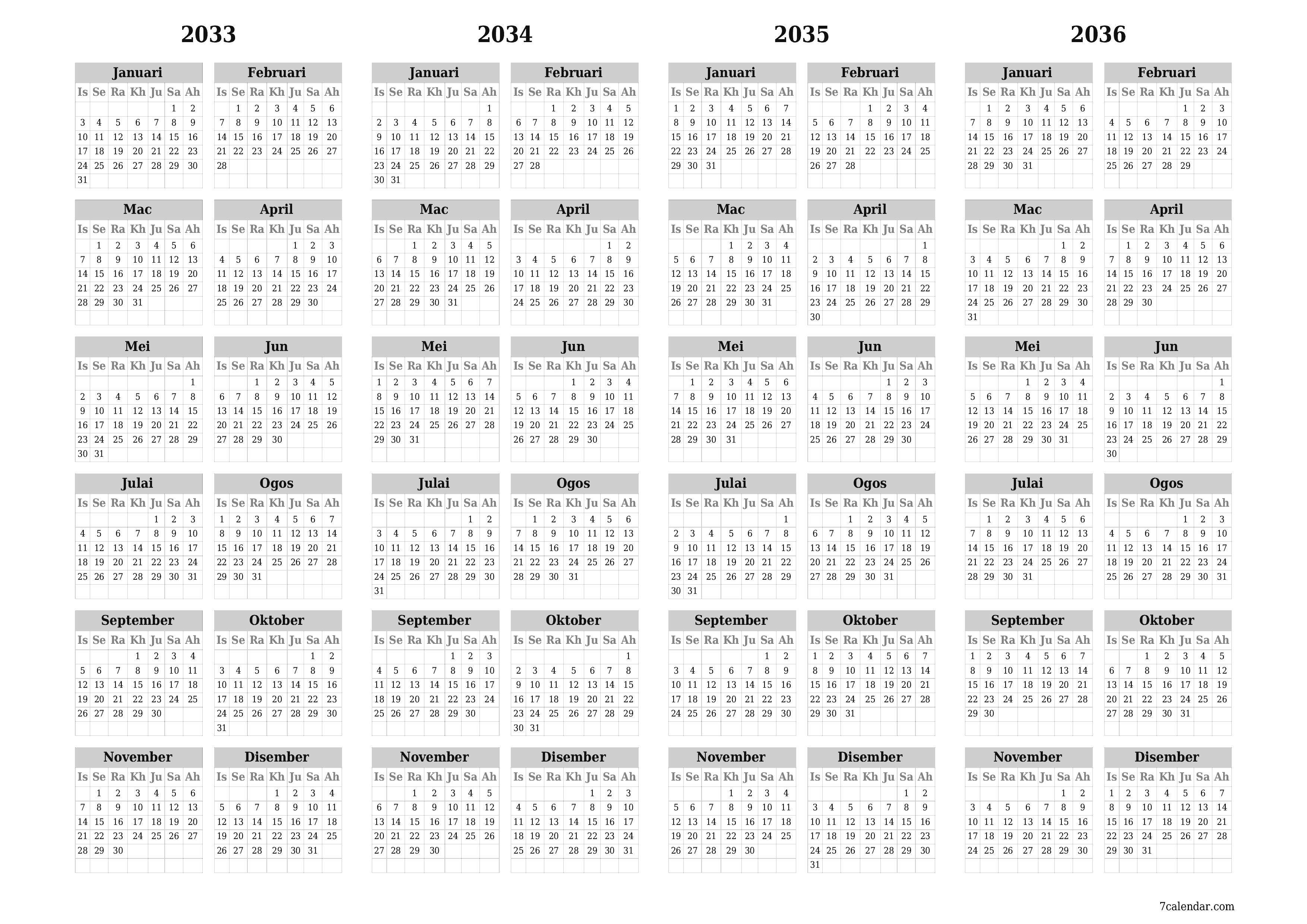 Kalendar perancang tahunan kosong untuk tahun ini 2033, 2034, 2035, 2036 dengan nota, simpan dan cetak ke PDF PNG Malay