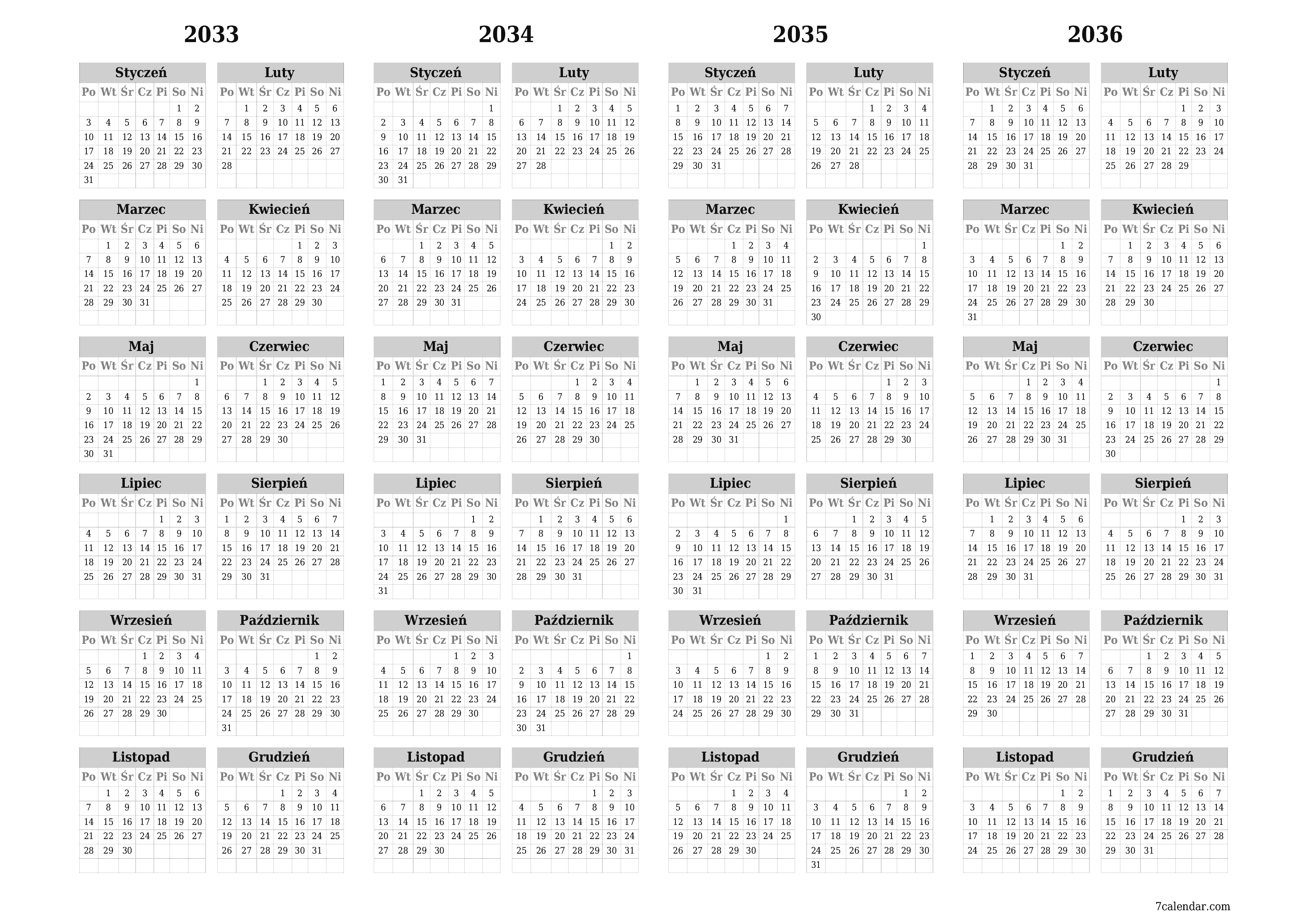 Opróżnij kalendarz rocznego planowania na rok 2033, 2034, 2035, 2036 z notatkami, zapisz i wydrukuj w formacie PDF PNG Polish