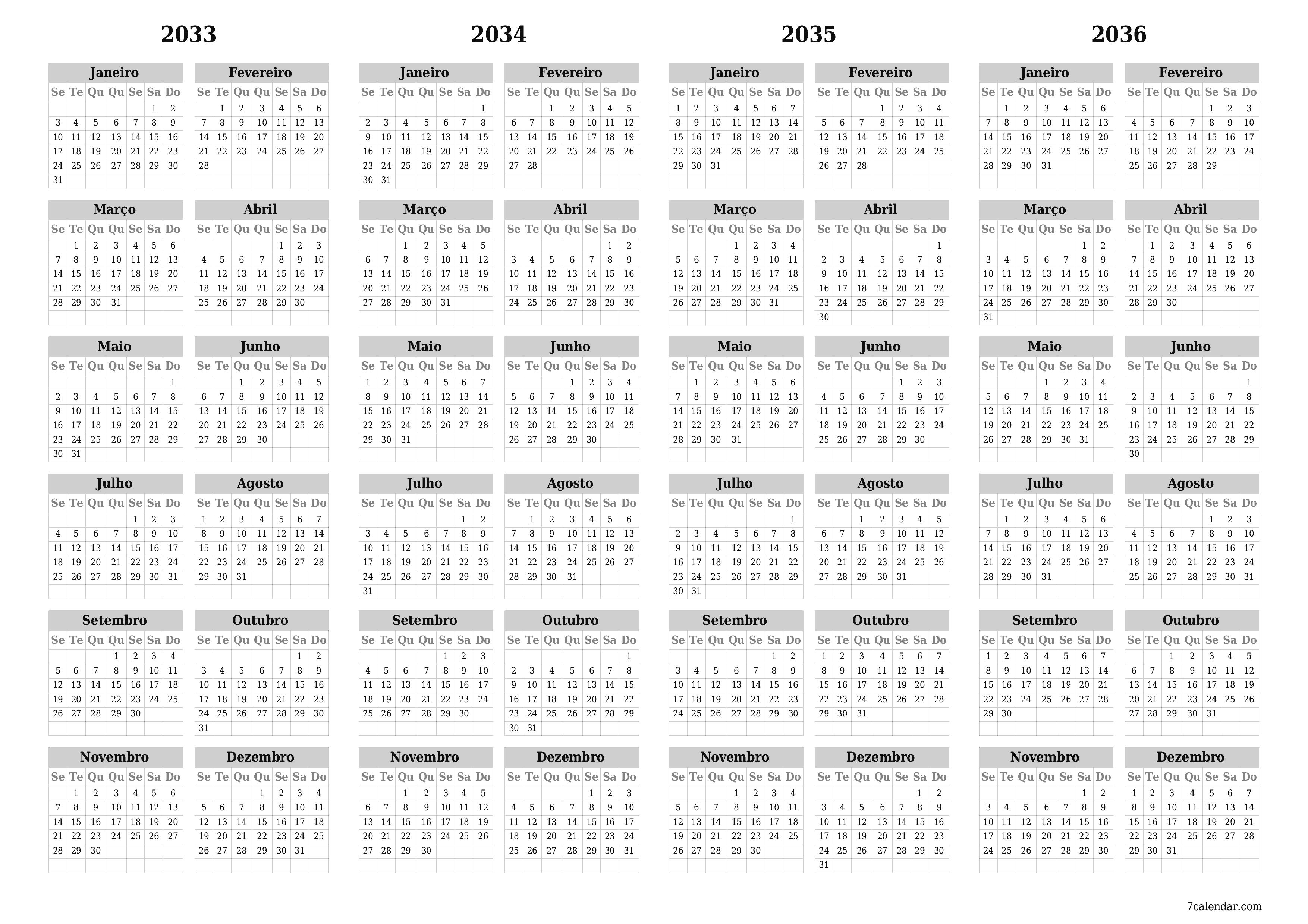 Calendário de planejador anual vazio para o ano 2033, 2034, 2035, 2036 com notas, salve e imprima em PDF PNG Portuguese
