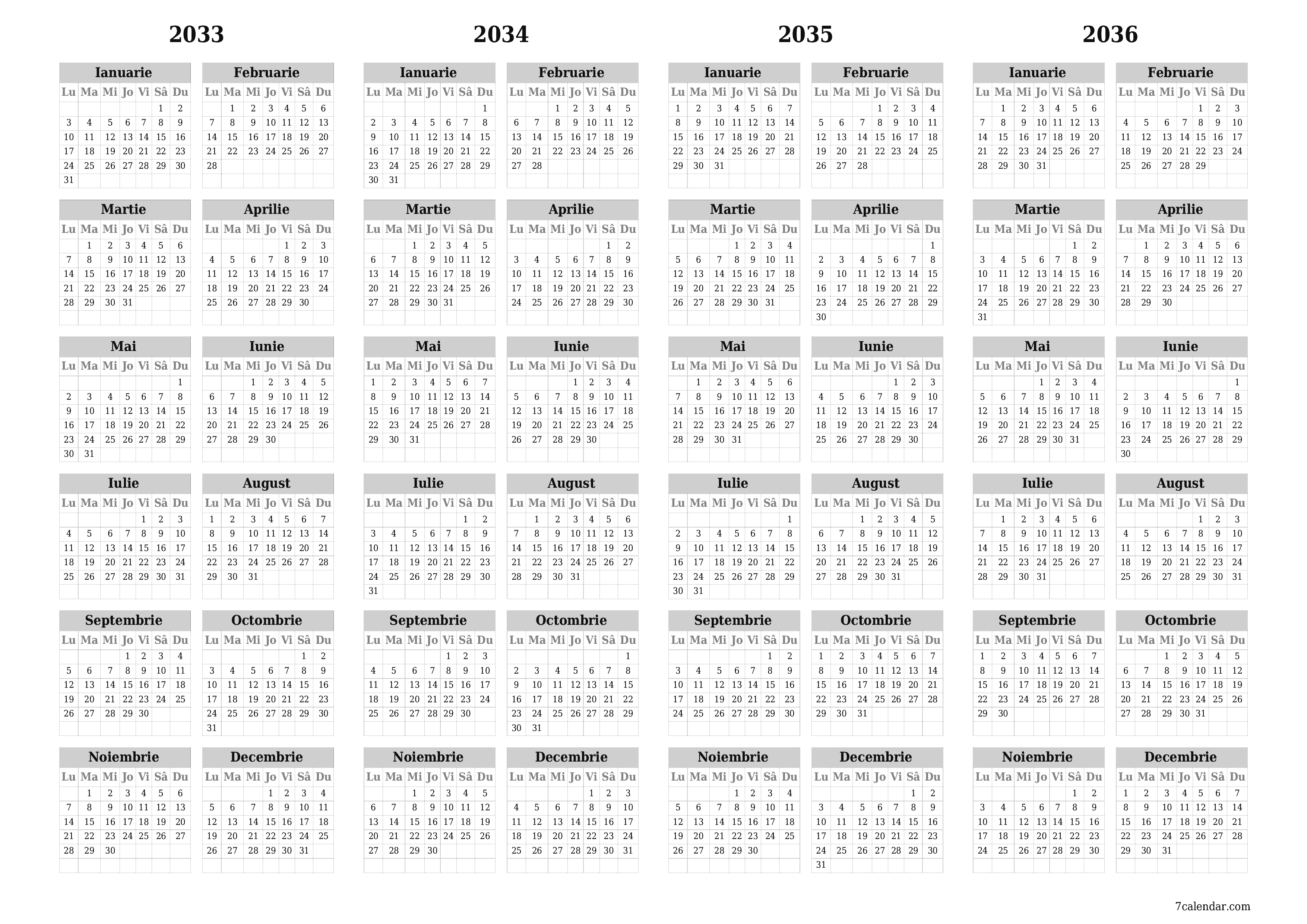 Goliți calendarul anual al planificatorului pentru anul 2033, 2034, 2035, 2036 cu note, salvați și tipăriți în PDF PNG Romanian