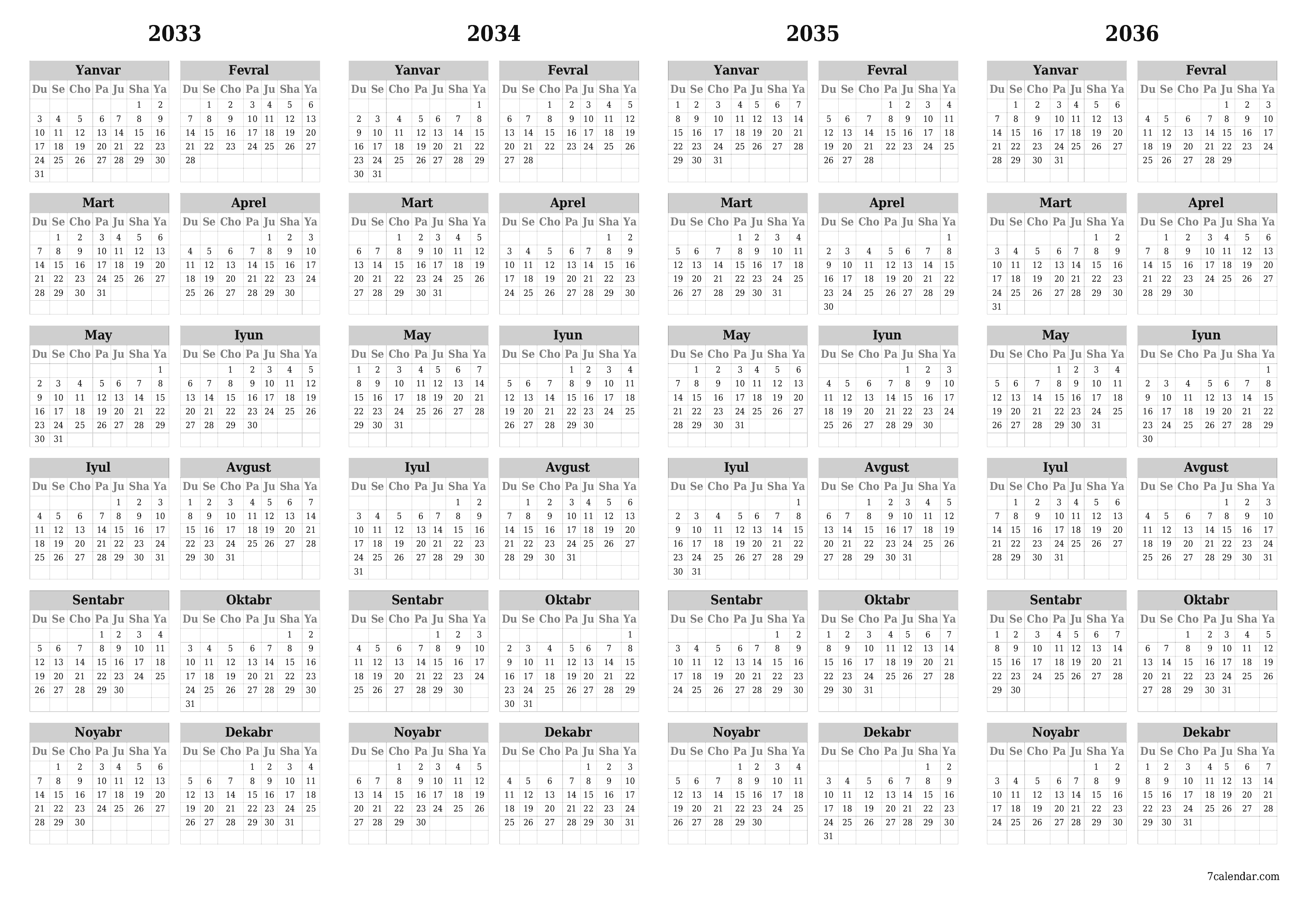 Bo'sh yillik rejalashtiruvchi taqvim 2033, 2034, 2035, 2036 yil, qaydlar bilan saqlang va PDF-ga chop eting PNG Uzbek