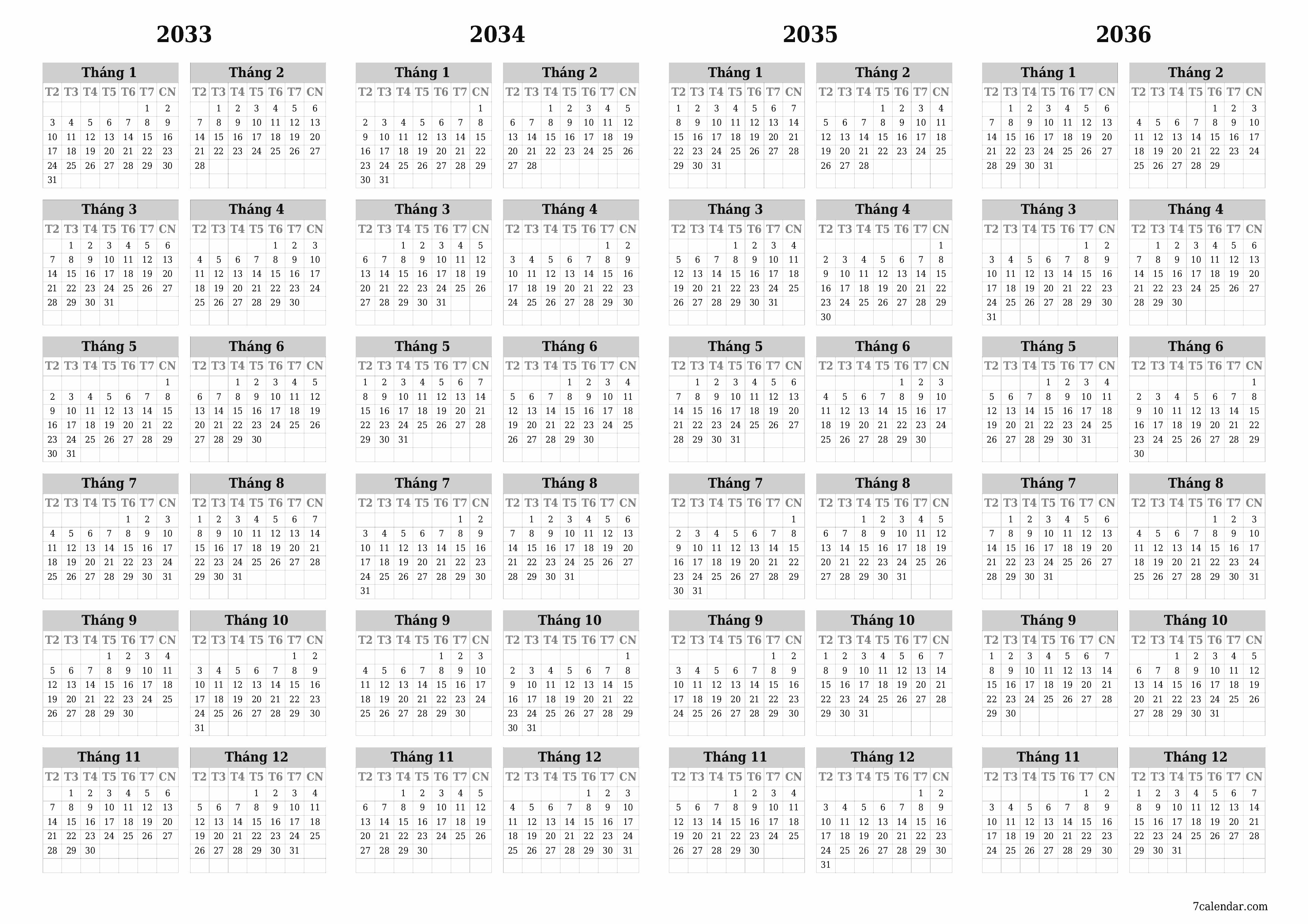 Lịch kế hoạch hàng năm trống cho năm 2033, 2034, 2035, 2036 có ghi chú, lưu và in sang PDF PNG Vietnamese