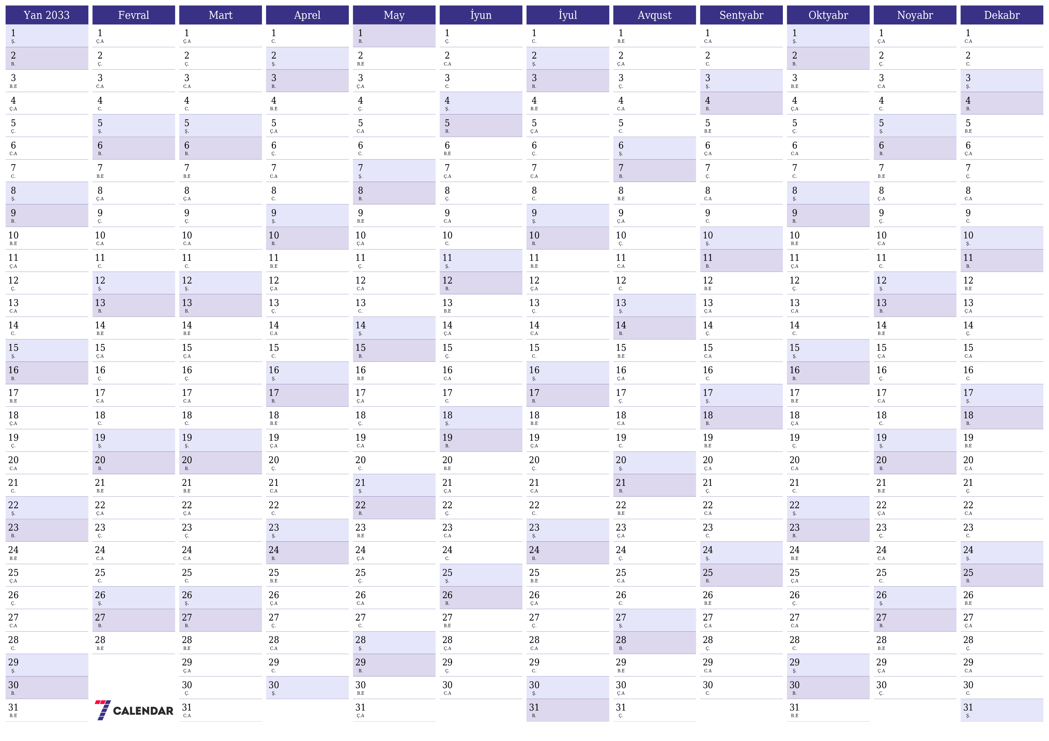 2033 ili üçün illik illik planlayıcı təqvim, qeydlər ilə boş saxlayın, qeyd edin və PDF-ə yazdırın PNG Azerbaijani