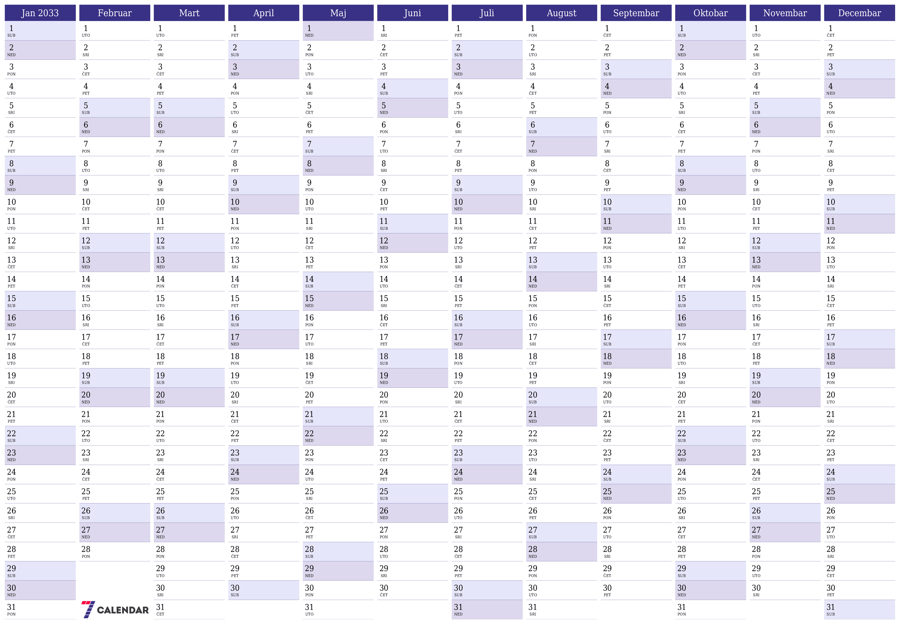 Ispraznite godišnji kalendar planera za godinu 2033 s bilješkama, spremite i ispišite u PDF PNG Bosnian