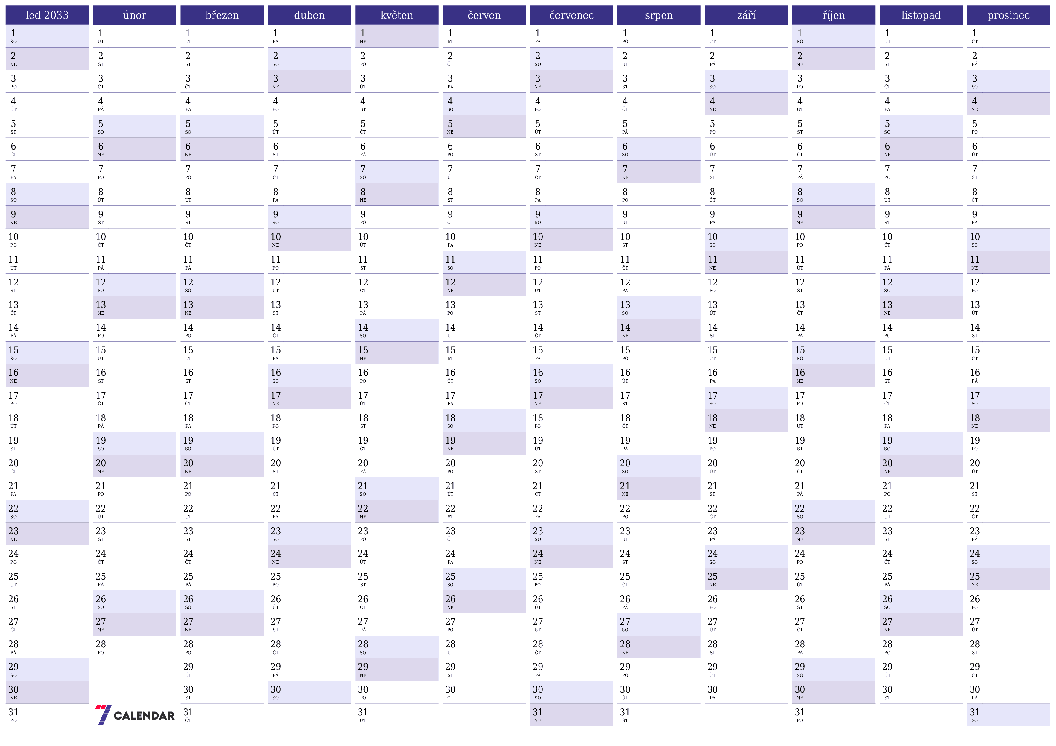 Prázdný roční kalendář plánovače pro rok 2033 s poznámkami, uložením a tiskem do PDF PNG Czech