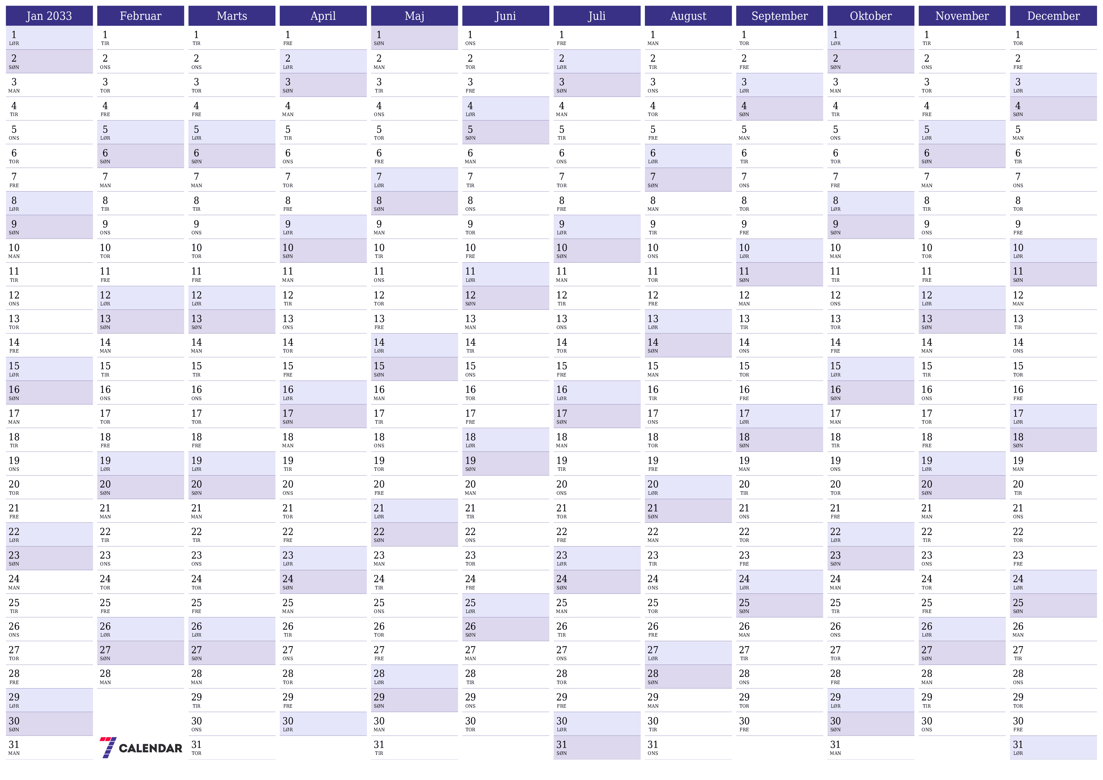 Tom årlig planlægningskalender for året 2033 med noter, gem og udskriv til PDF PNG Danish