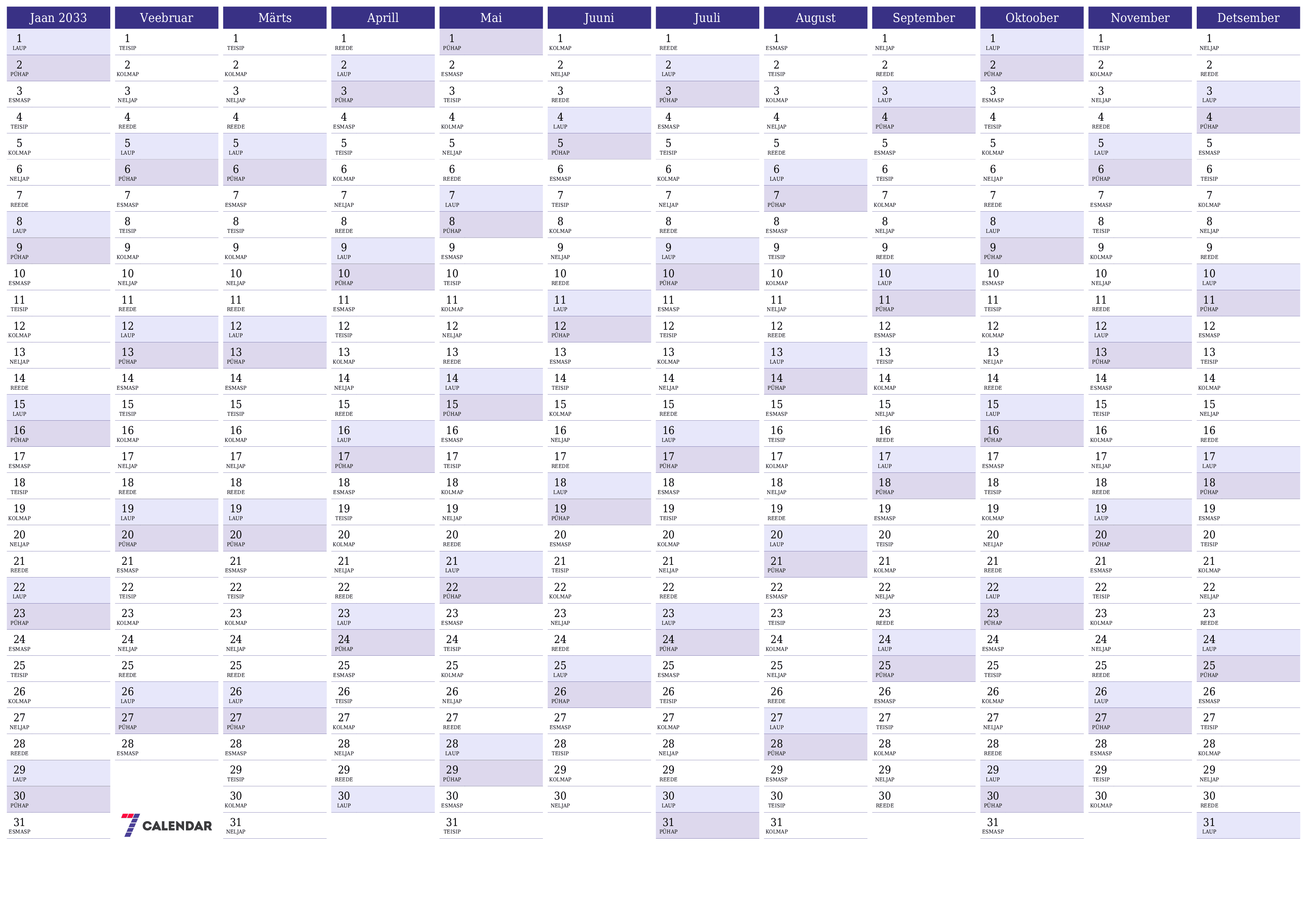 Tühi aasta planeerija kalender aastaks 2033 koos märkmetega, salvestage ja printige PDF-i PNG Estonian