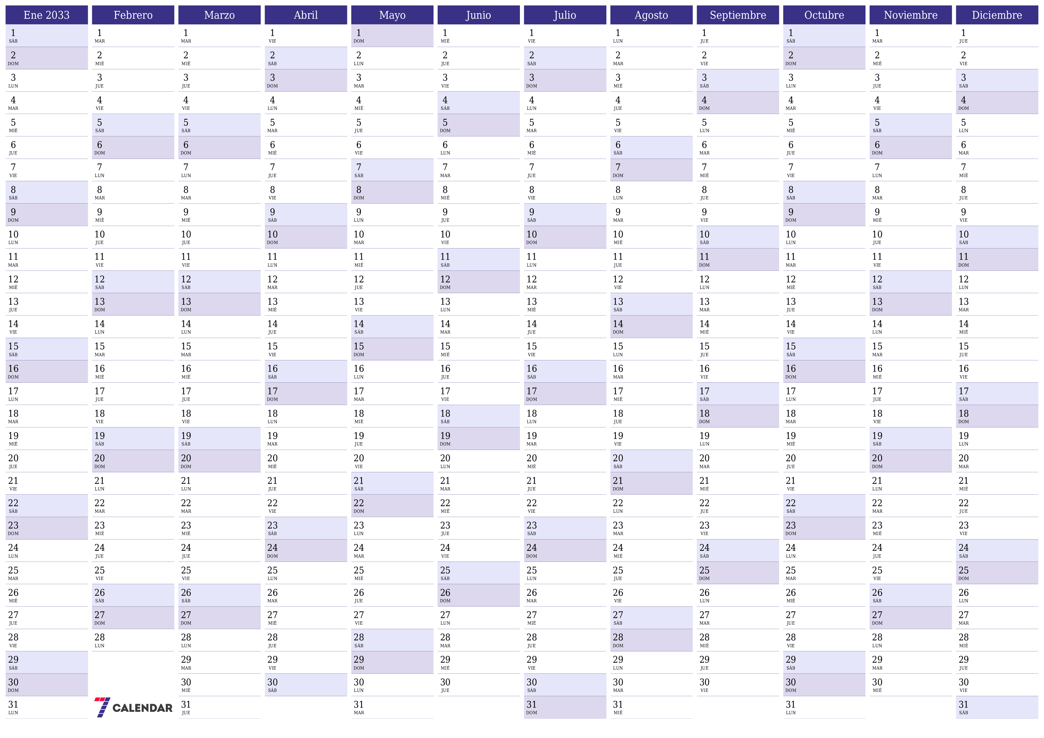 Calendario planificador anual vacío para el año 2033 con notas, guardar e imprimir en PDF PNG Spanish