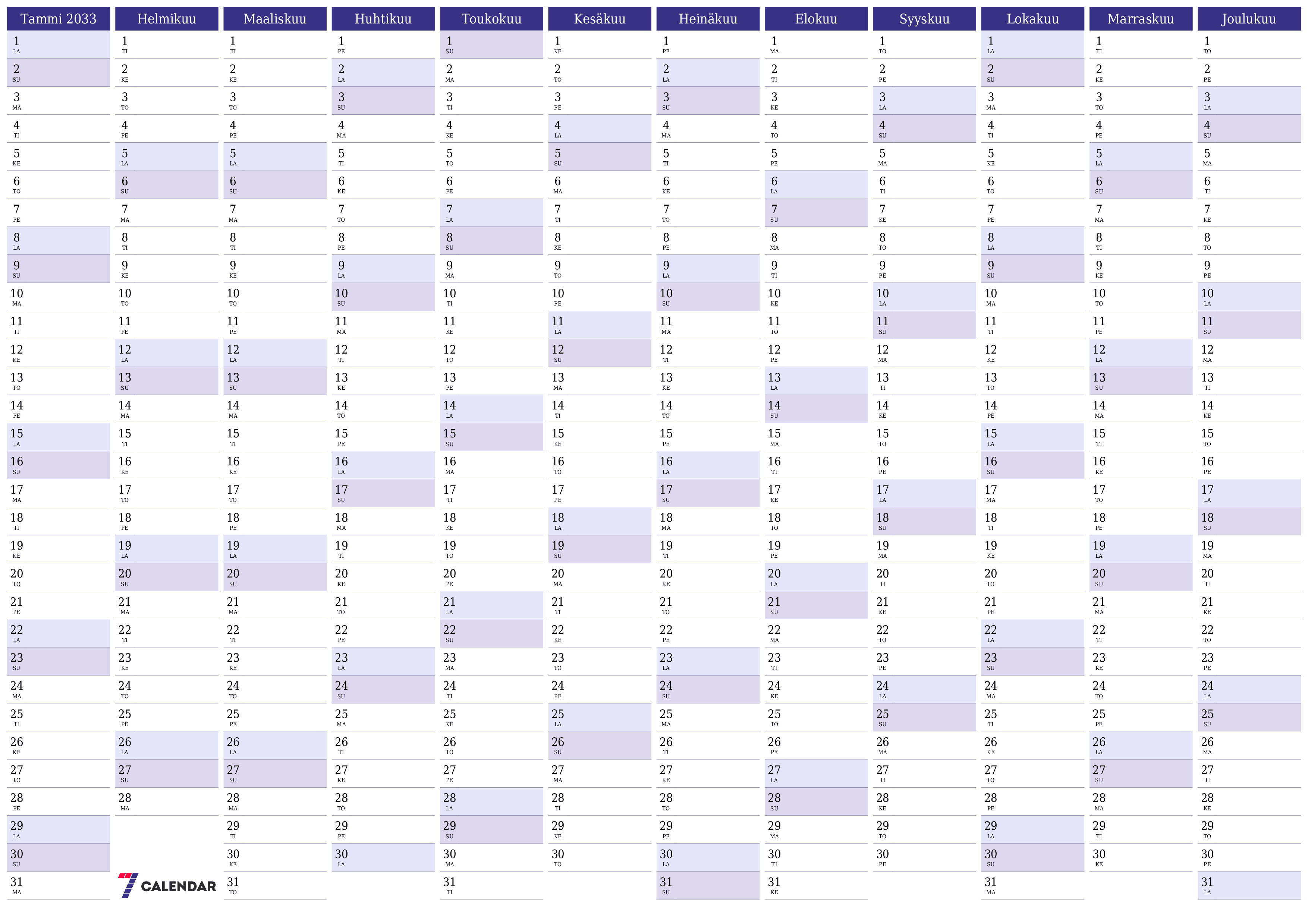 Tyhjä vuosisuunnittelukalenteri vuodelle 2033 muistiinpanoilla, tallenna ja tulosta PDF-muotoon PNG Finnish