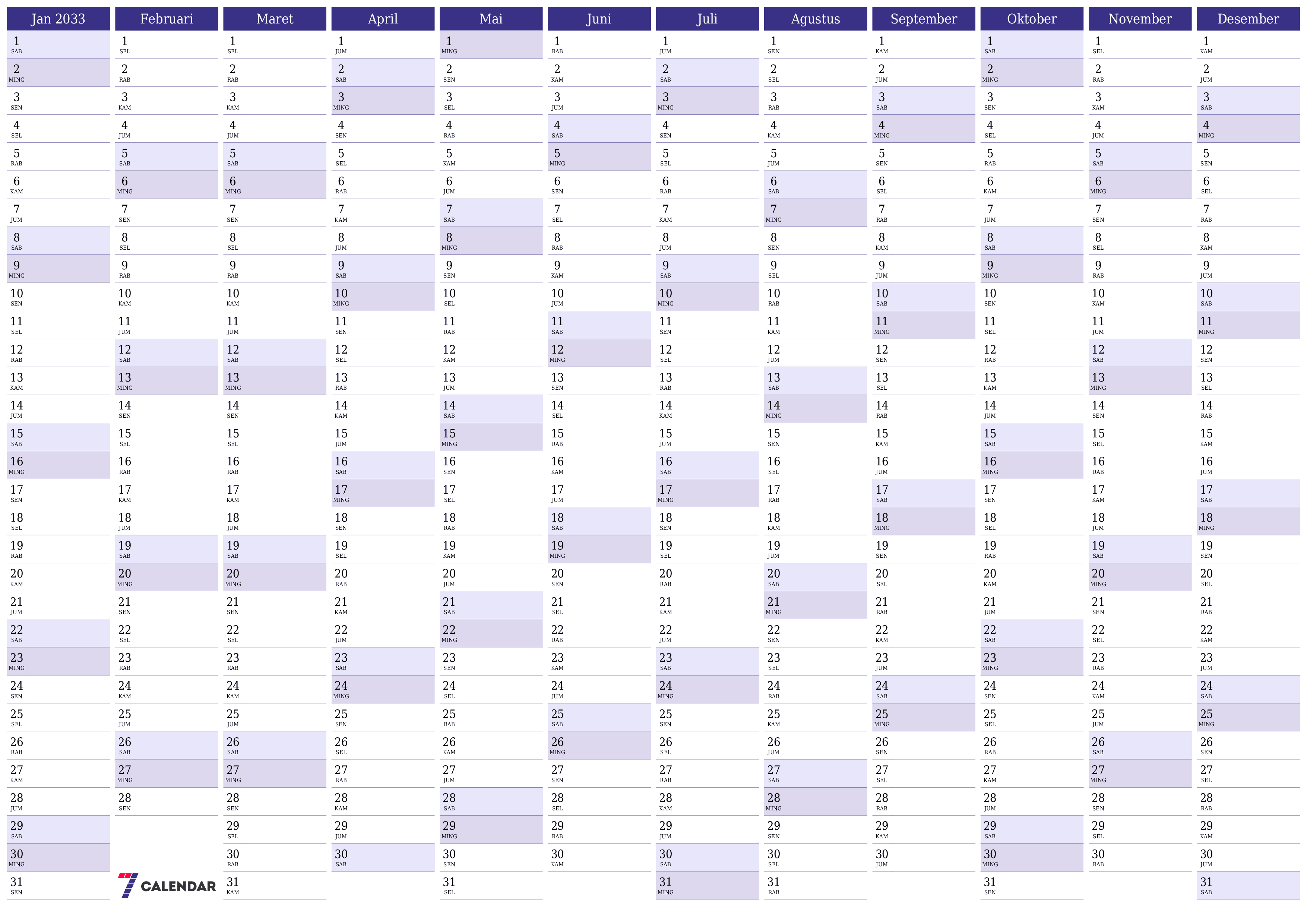 Kosongkan kalender perencana tahunan untuk tahun ini 2033 dengan catatan, simpan dan cetak ke PDF PNG Indonesian