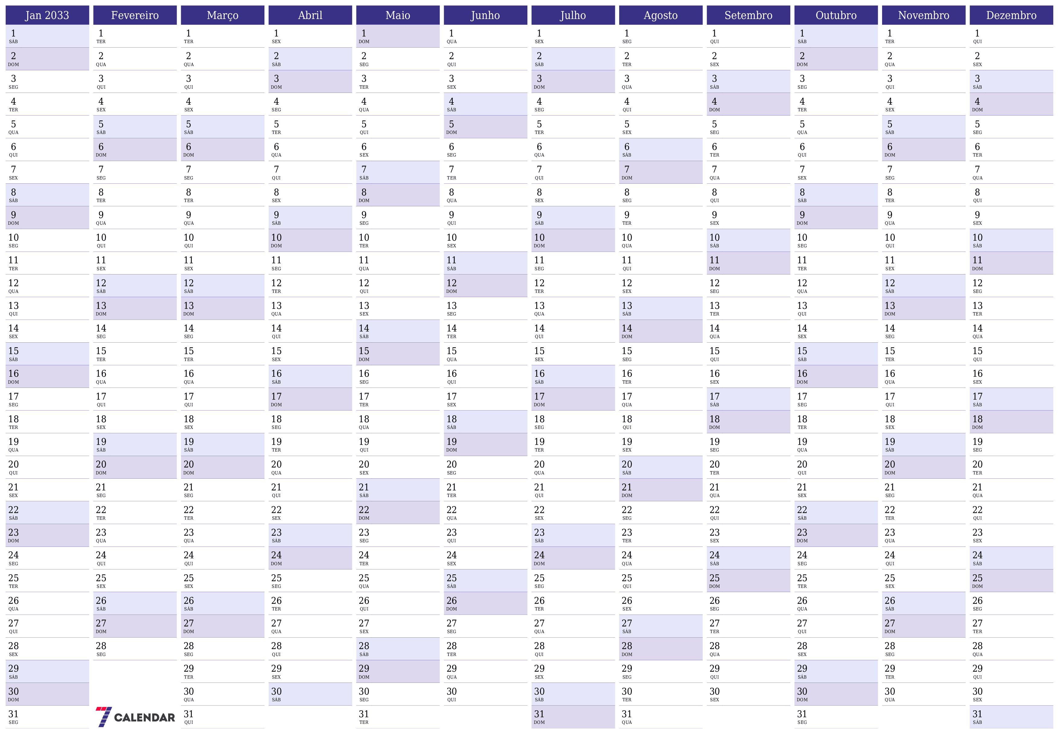 Calendário de planejador anual vazio para o ano 2033 com notas, salve e imprima em PDF PNG Portuguese