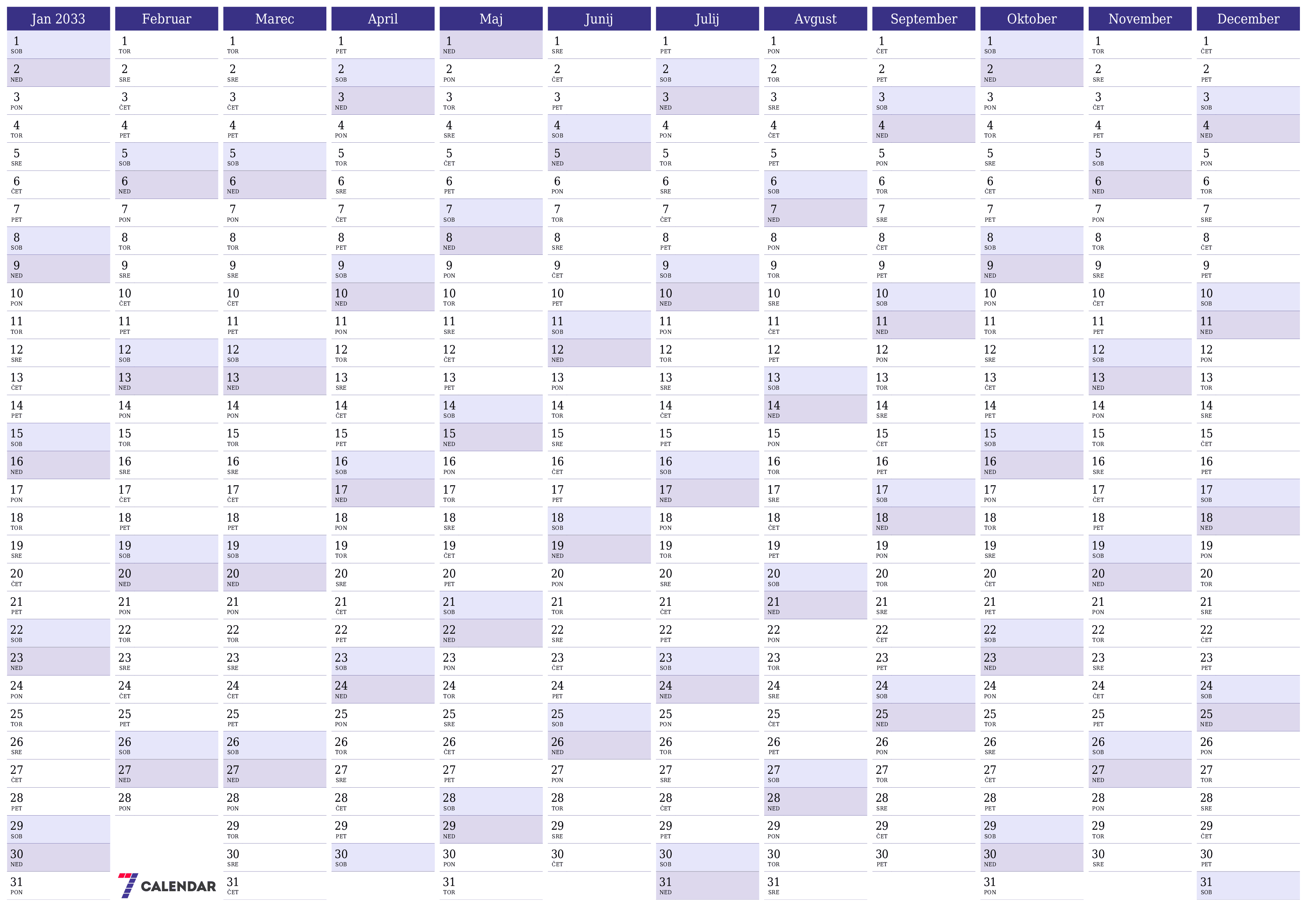 Prazen letni načrtovalec koledarja za leto 2033 z opombami za tiskanje v PDF-ju PNG Slovenian