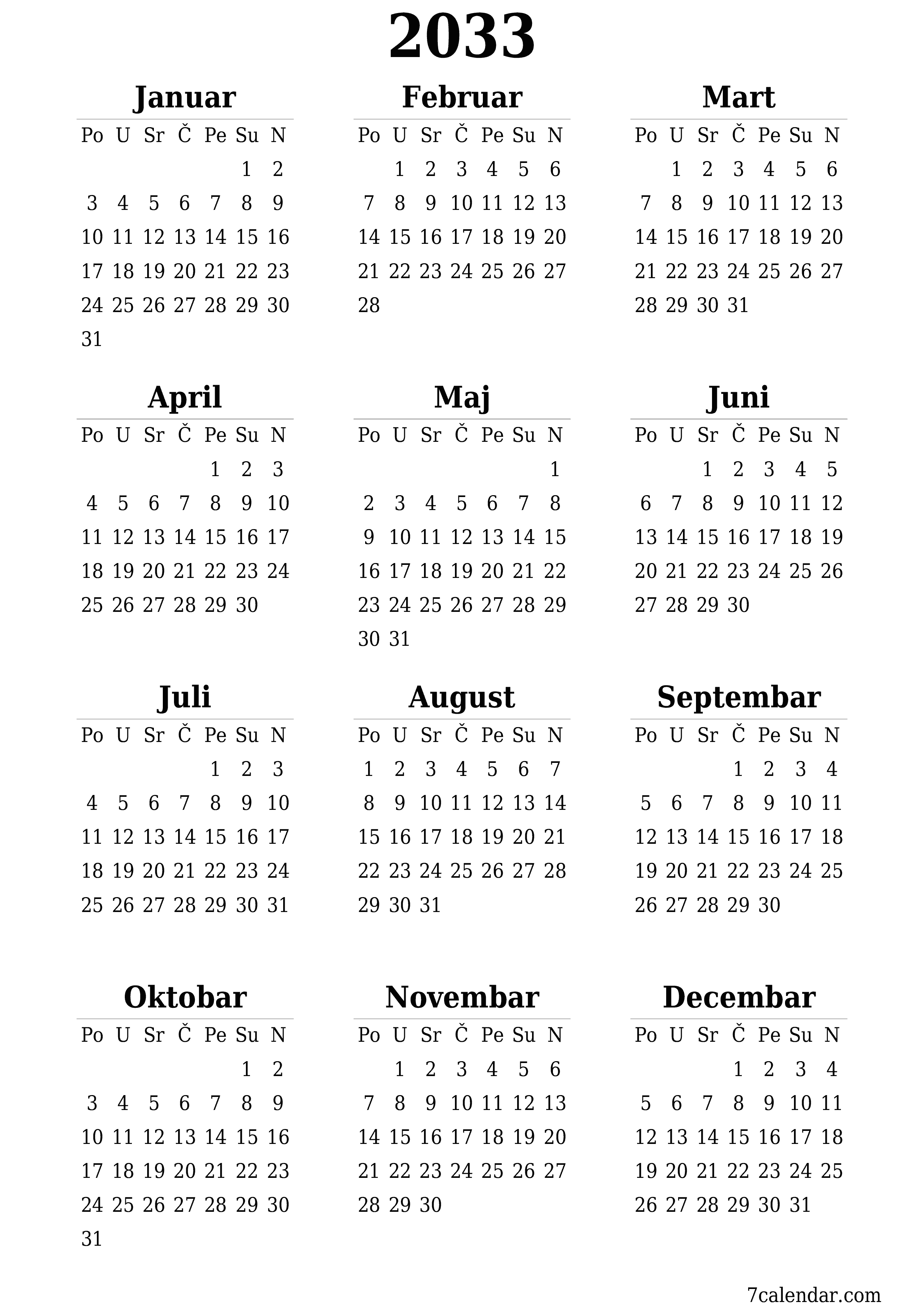  za štampanje zidni šablon a besplatni vertikalno Godišnje kalendar Juni (Jun) 2033