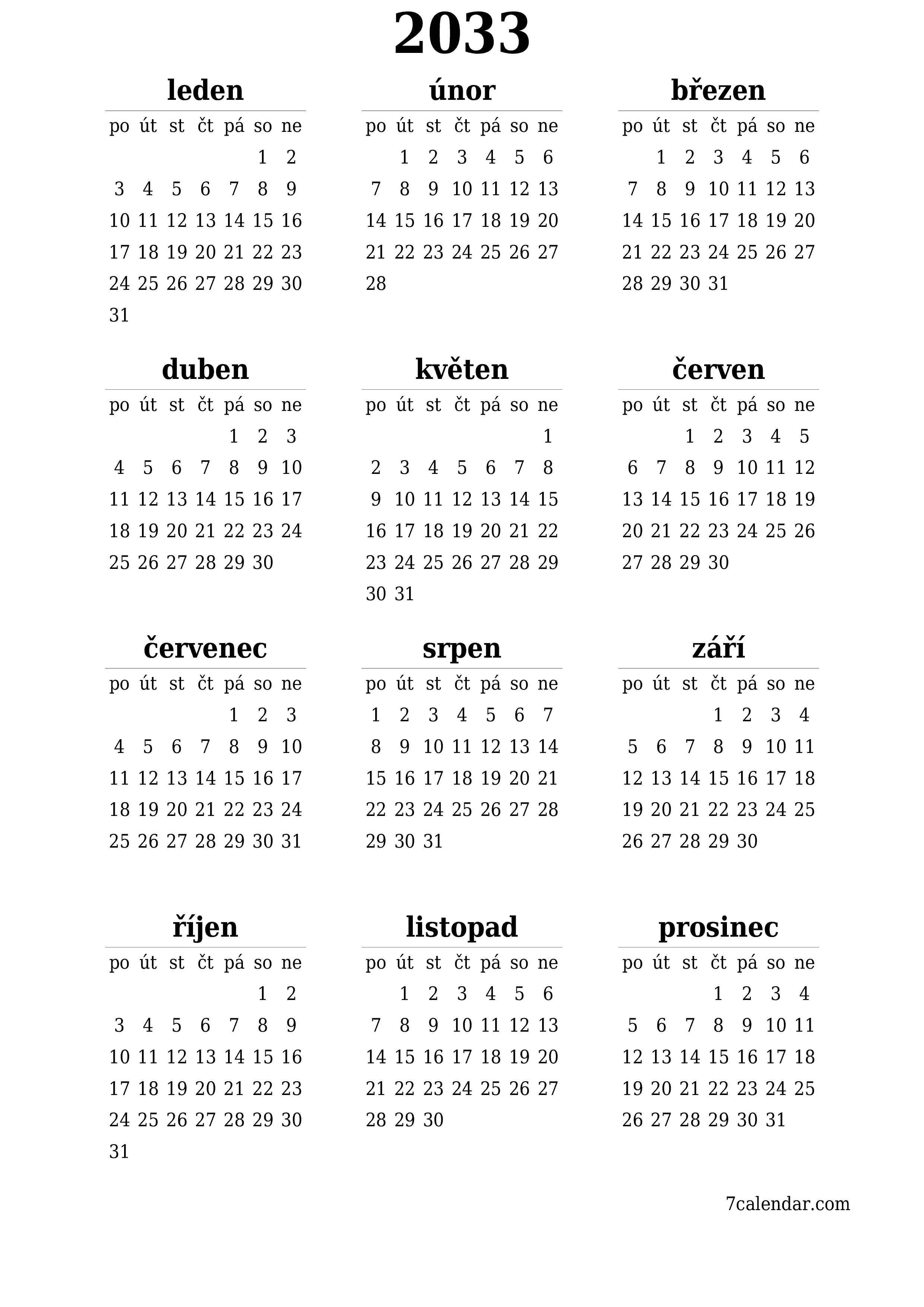 pro tisk nástěnný šablona e zdarmavertikální Roční kalendář červen (čvn) 2033