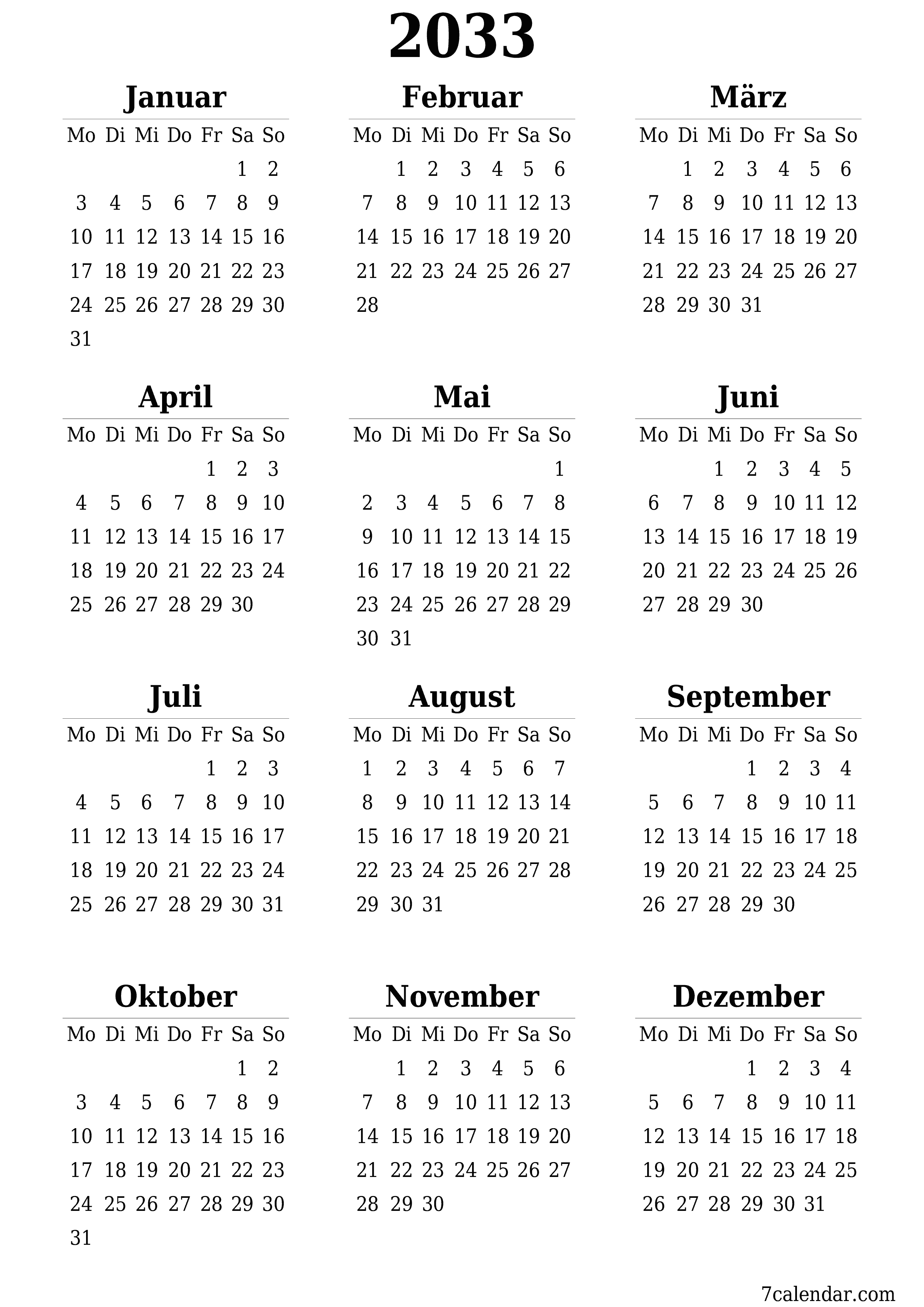 Jahresplanerkalender für das Jahr 2033 mit Notizen leeren, speichern und als PDF PNG German - 7calendar.com drucken